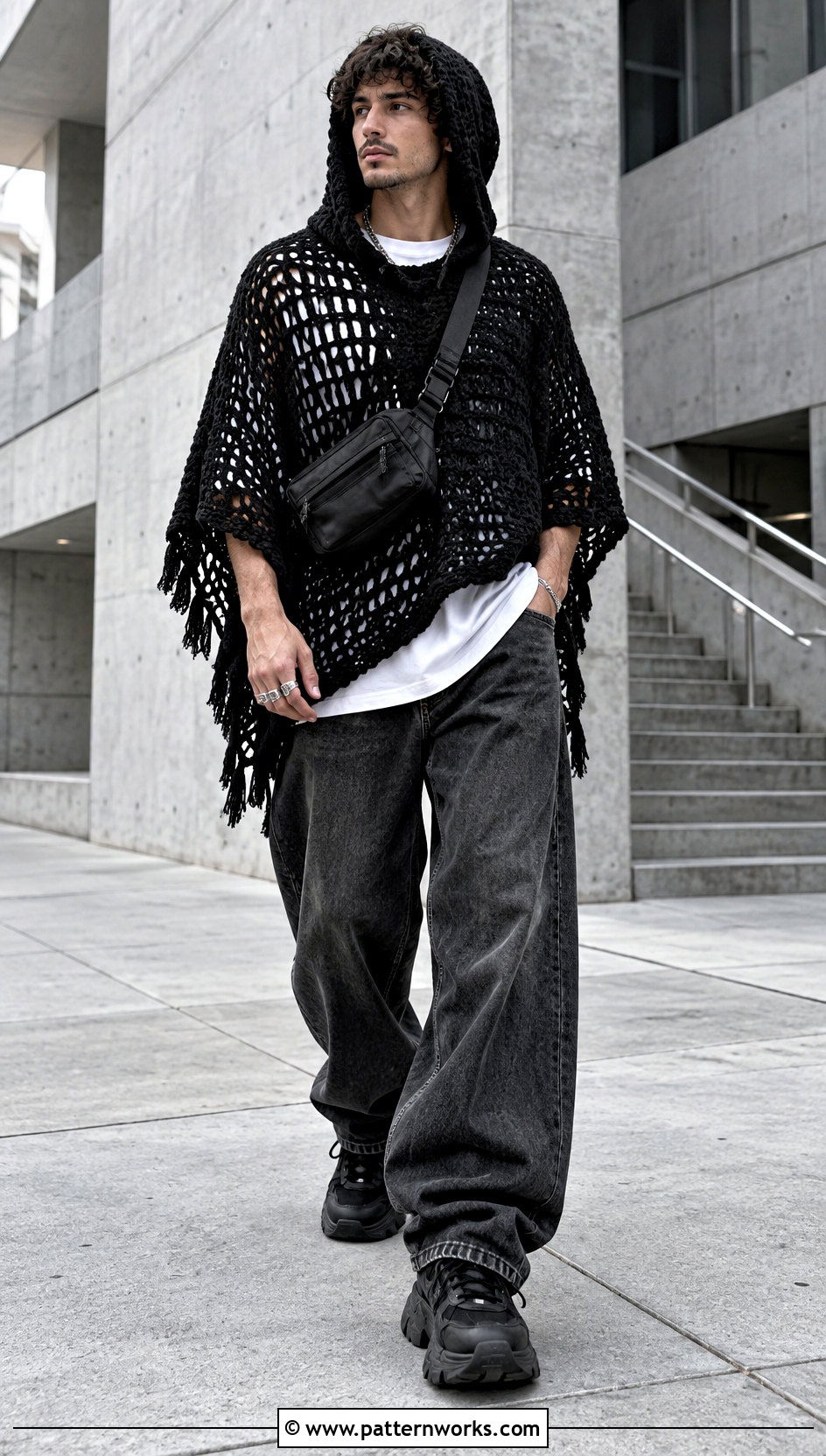 Black Hooded Crochet Poncho With Baggy Jeans - 18 mens hooded crochet poncho outfit ideas