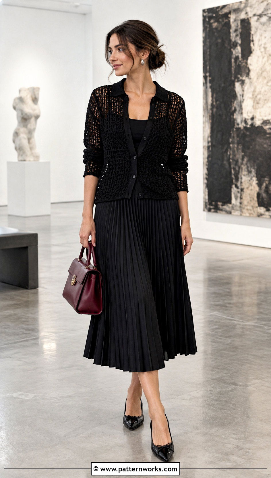 Black Relaxagon Shirt With Pleated Midi Skirt - 30 crochet relaxagon shirt outfit ideas