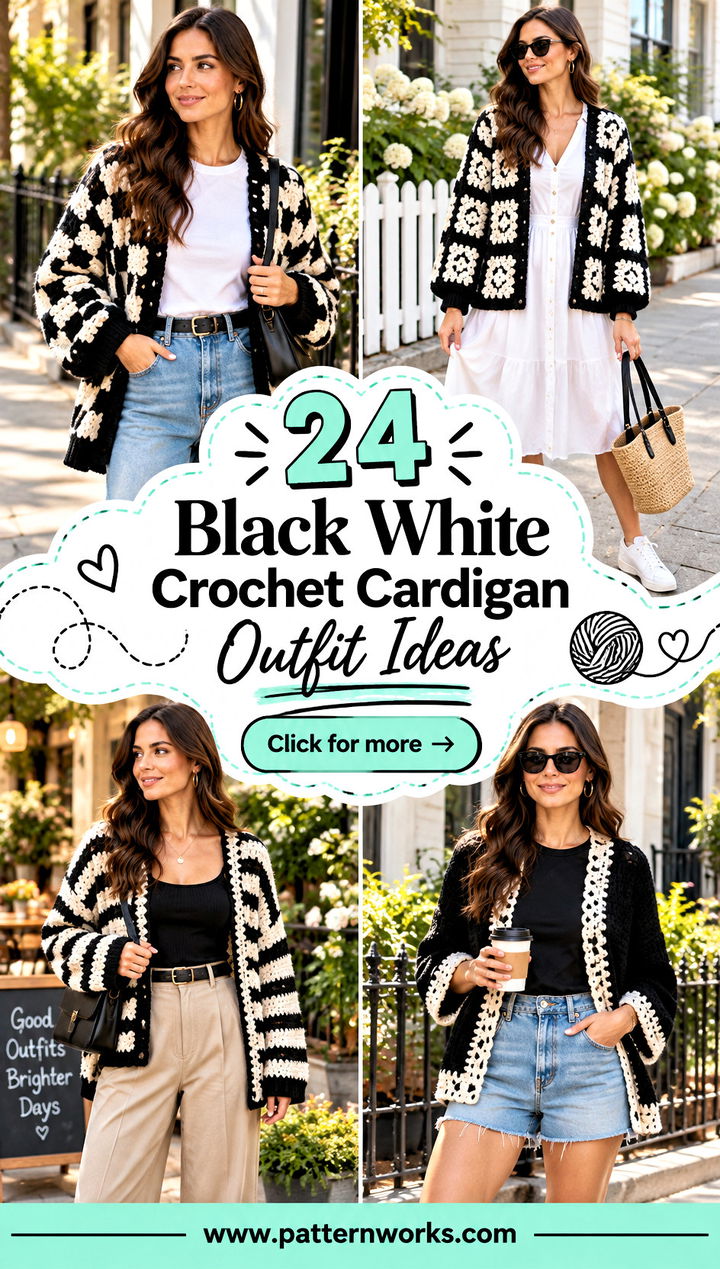 24 Black White Crochet Cardigan Outfit Ideas Made Casual - 24 Black White Crochet Cardigan Outfit Ideas Made Casual