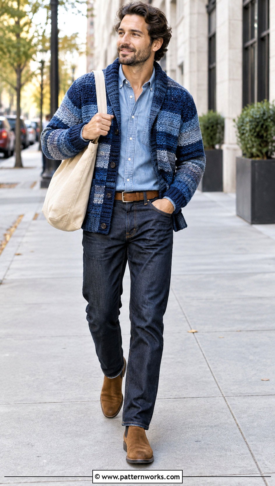 Blue Crochet Cardigan With Double Denim - 30 crochet man cardigan outfit ideas