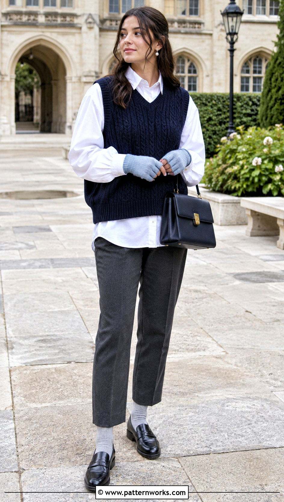 Blue Crochet Half Gloves With Sweater Vest - 24 crochet half gloves fingerless mitts outfit ideas