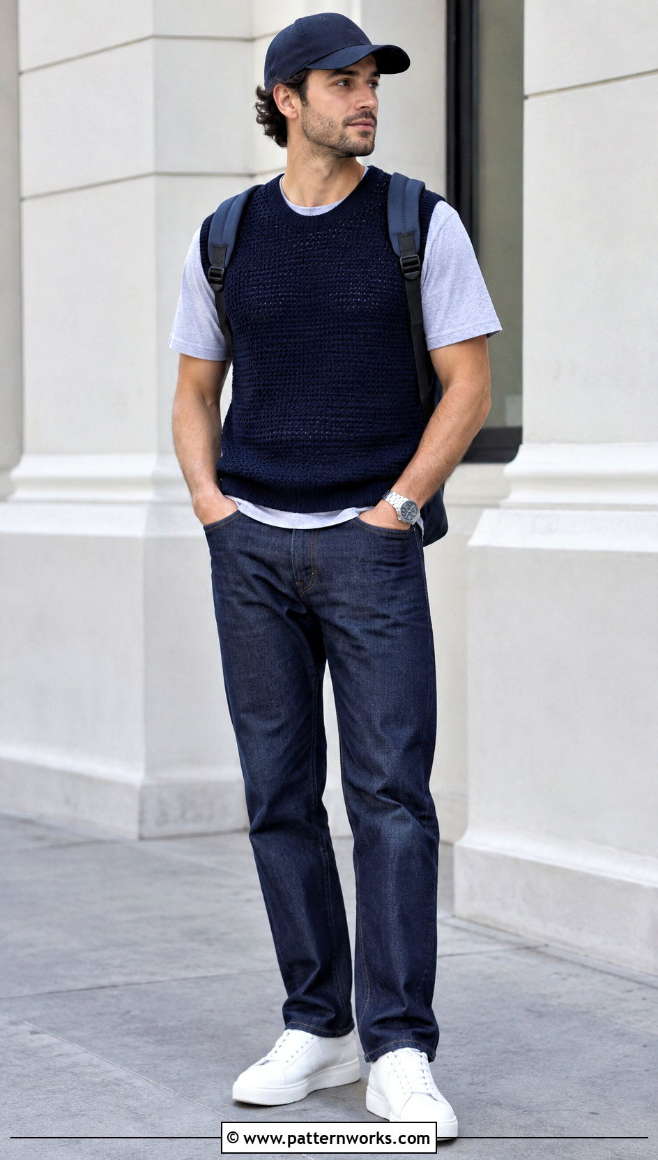 Blue Crochet Mens Sweater Vest With Dark Jeans - 24 crochet mens sweater vest outfit ideas