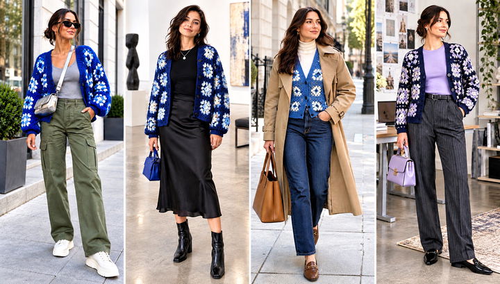 30 Blue Granny Square Cardigan Outfit Ideas for Retro Style