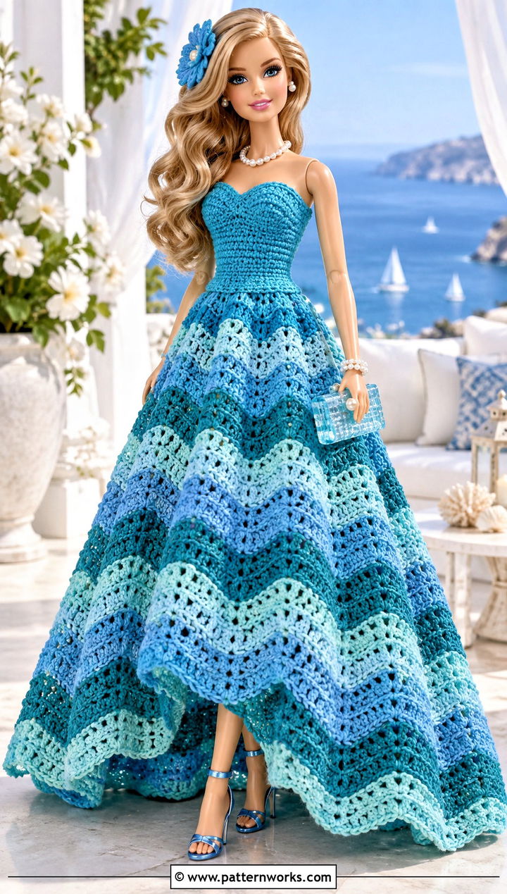 Blue Ocean Wave Crochet Barbie Ball Gown Outfit - 30 crochet barbie ball gowns outfit ideas