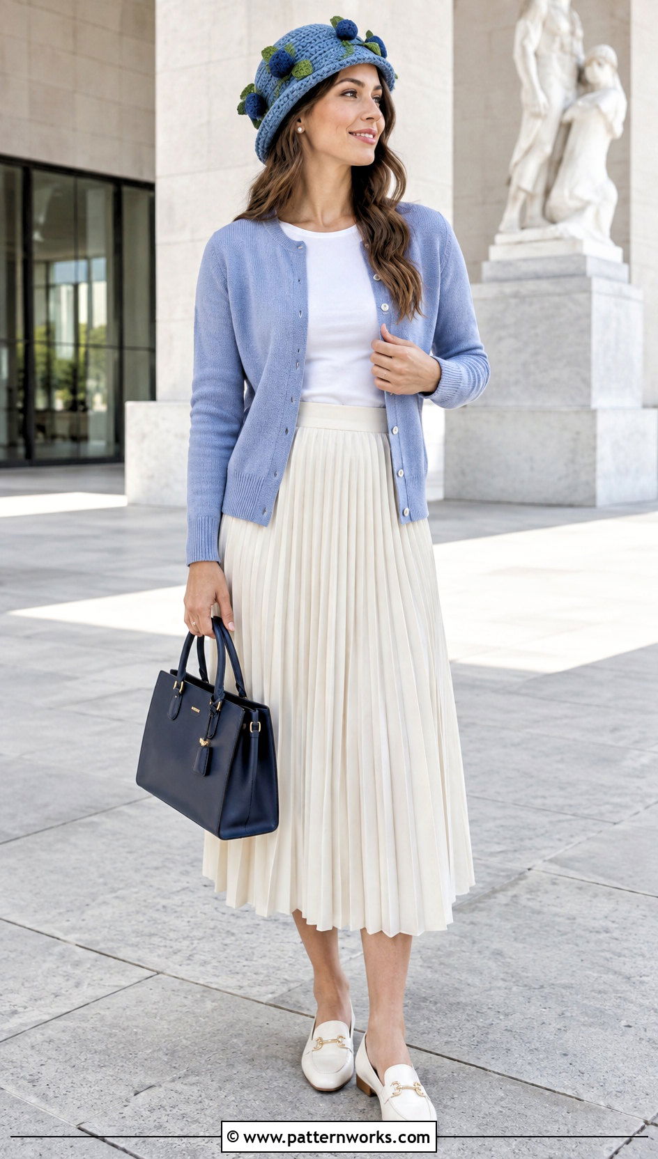 Blueberry Crochet Hat Outfit With Blue Cardigan And Pleated Skirt - 30 blueberry crochet hat outfit ideas