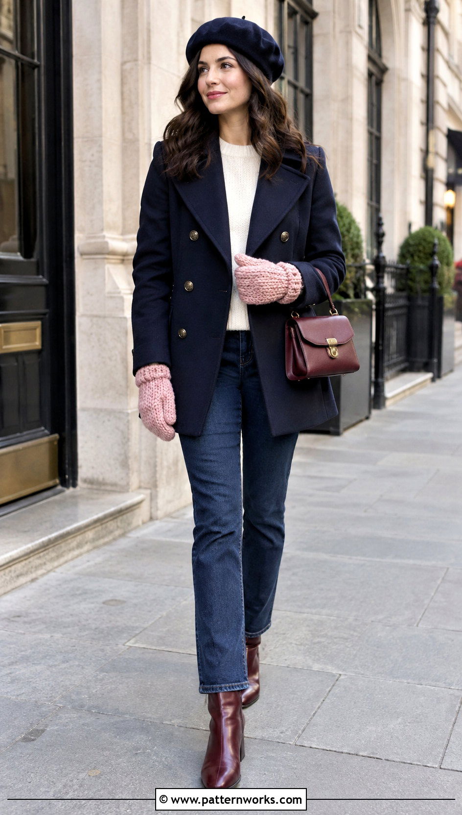 Blush Crochet Mittens With Navy Peacoat - 24 Simple Crochet Mittens outfit ideas