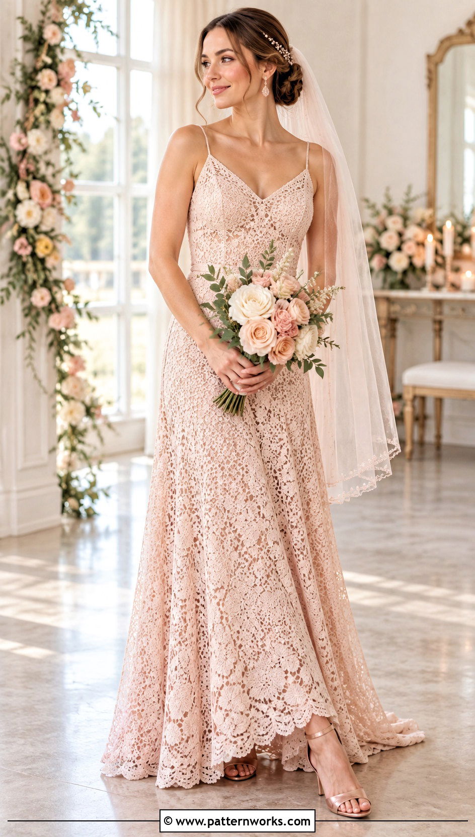 Blush Crochet Wedding Dress With Rose Gold Heels - 30 crochet wedding dress outfit ideas