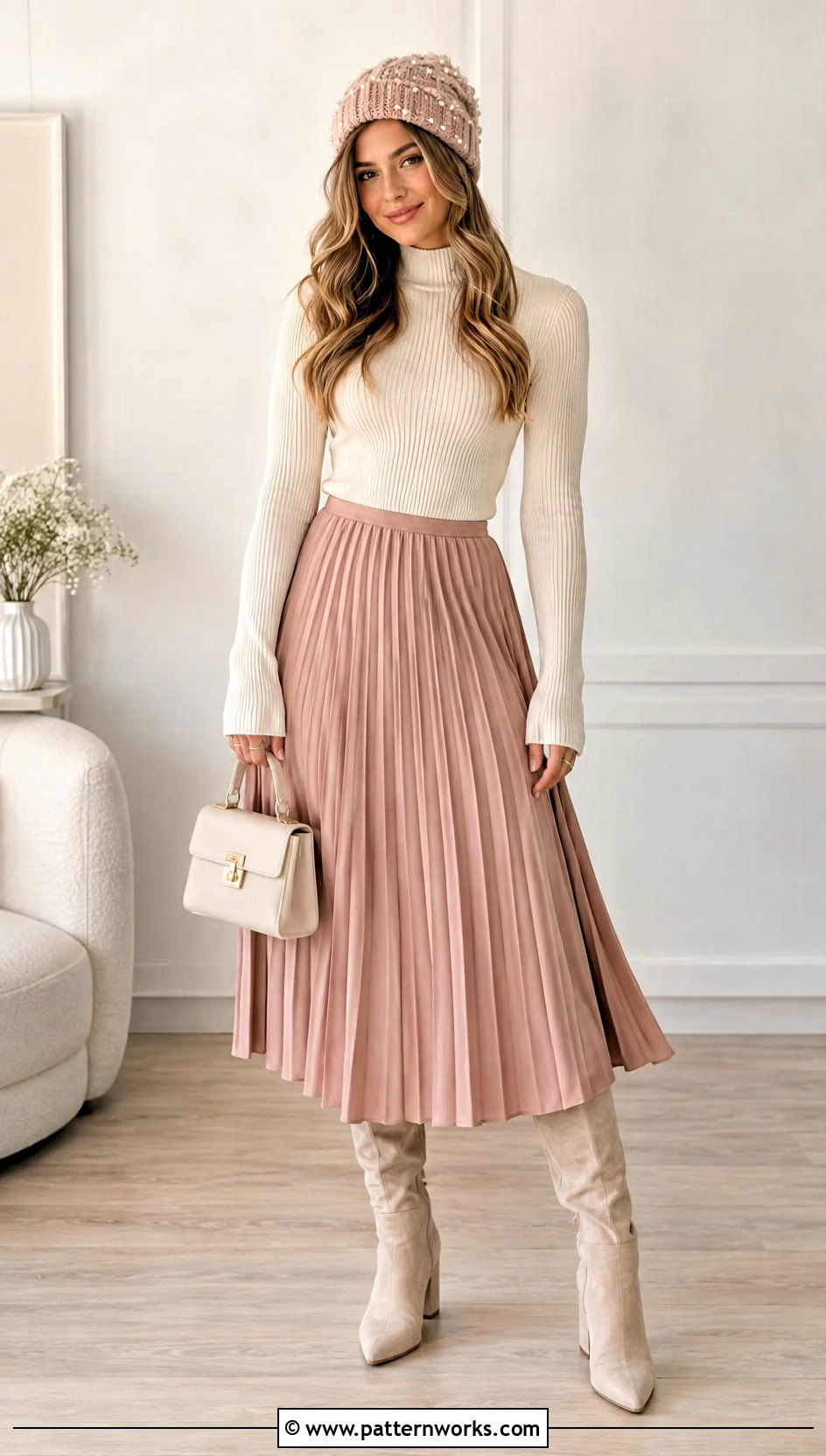 Blush Pearl Crochet Beanie Outfit With Midi Skirt - 18 Pearl Crochet Beanie outfit ideas
