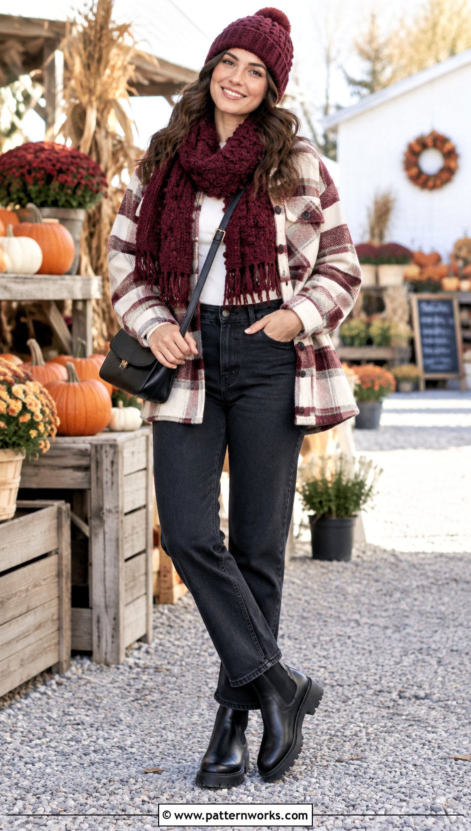 Bobble Stitch Crochet Beanie And Scarf Set With Plaid Shacket - 24 crochet beanie and scarf set outfit ideas