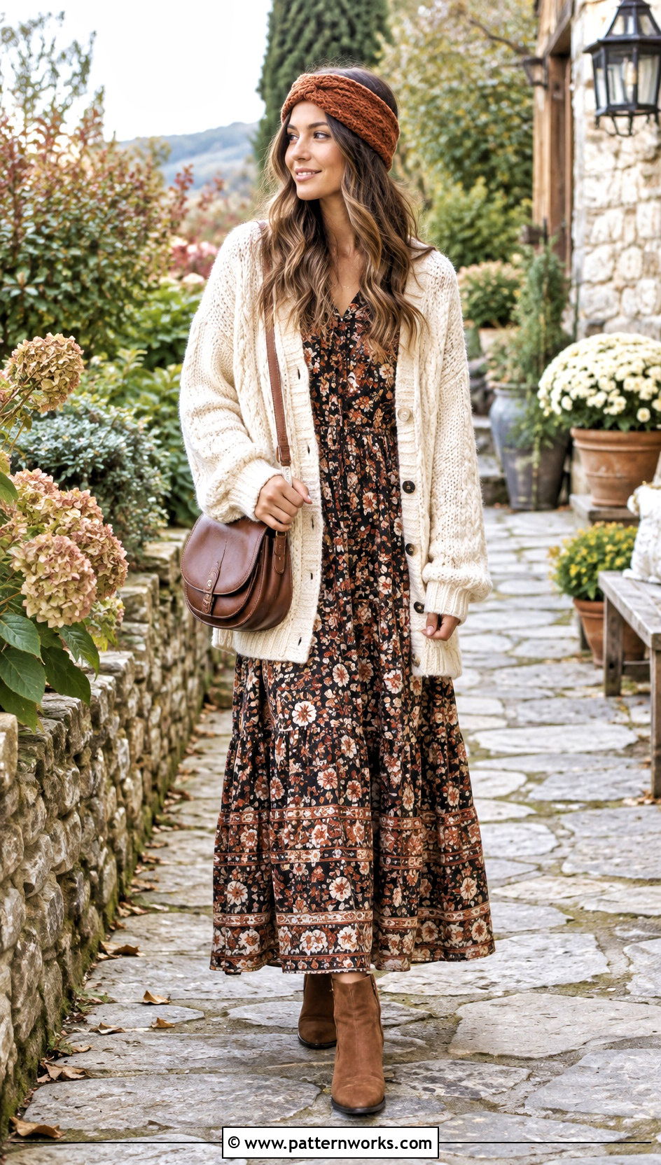 Boho Crochet Ear Warmer With Maxi Dress And Cardigan - 30 Easy Crochet Ear Warmer outfit ideas
