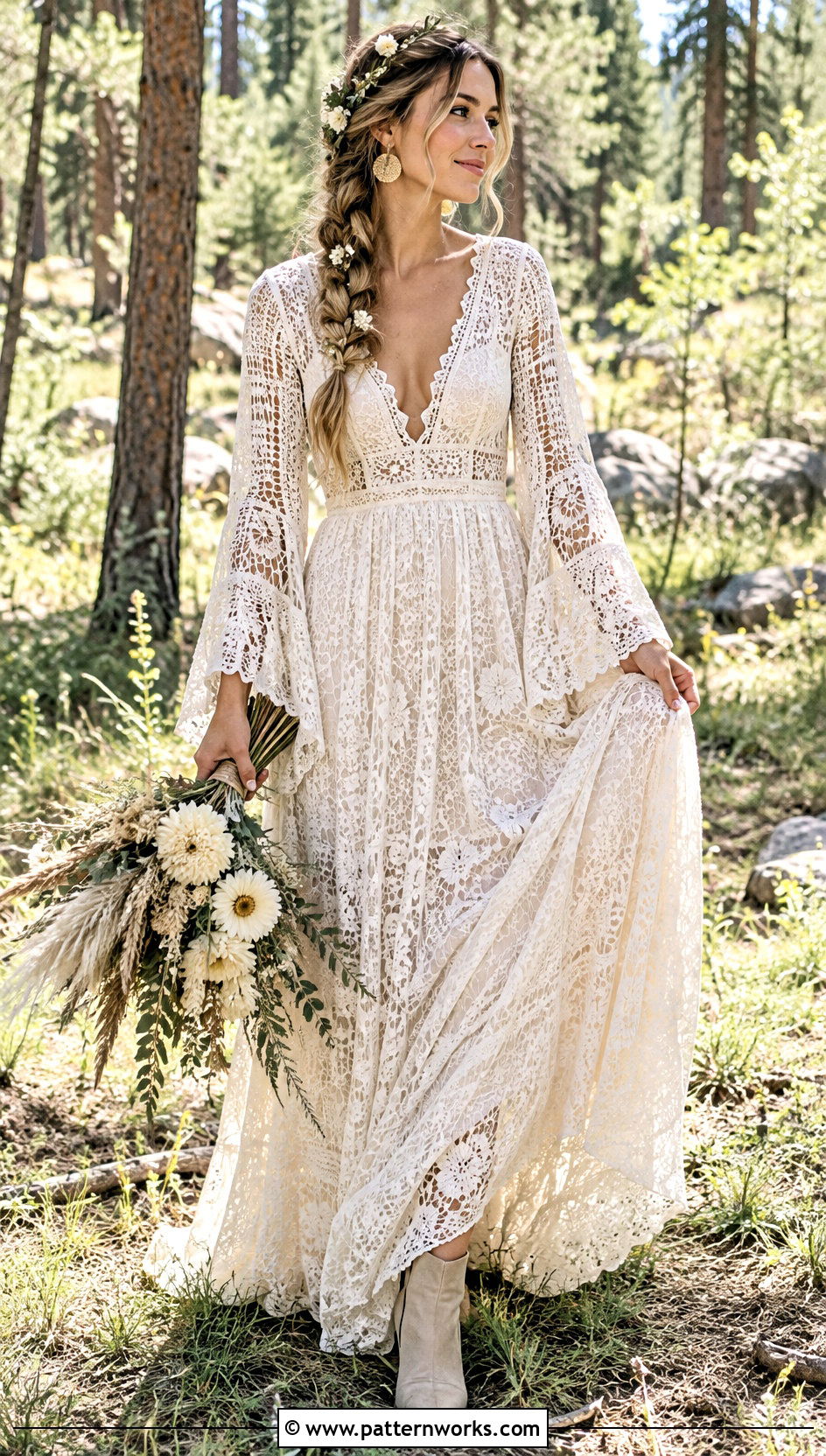 Boho Crochet Lace Bell Sleeve Wedding Dress - 30 crochet lace wedding dress outfit ideas