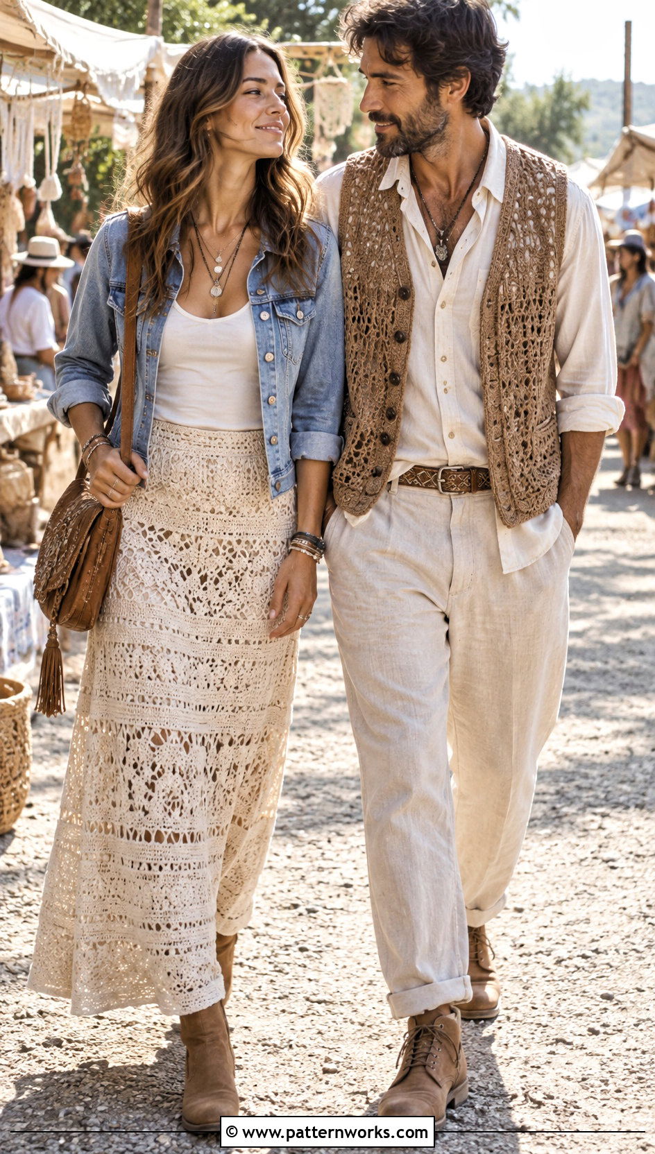 Boho Crochet Maxi Skirt And Vest Outfit - 24 couples crochet outfit ideas