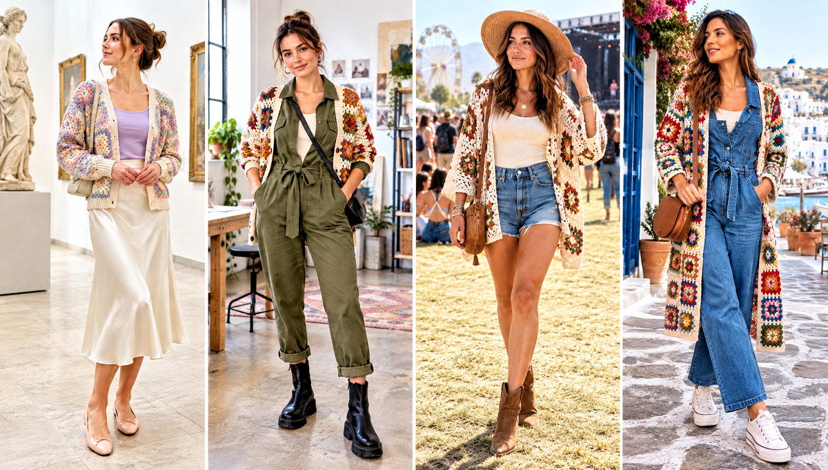 18 Boho Granny Square Cardigan Outfit Ideas for Layering