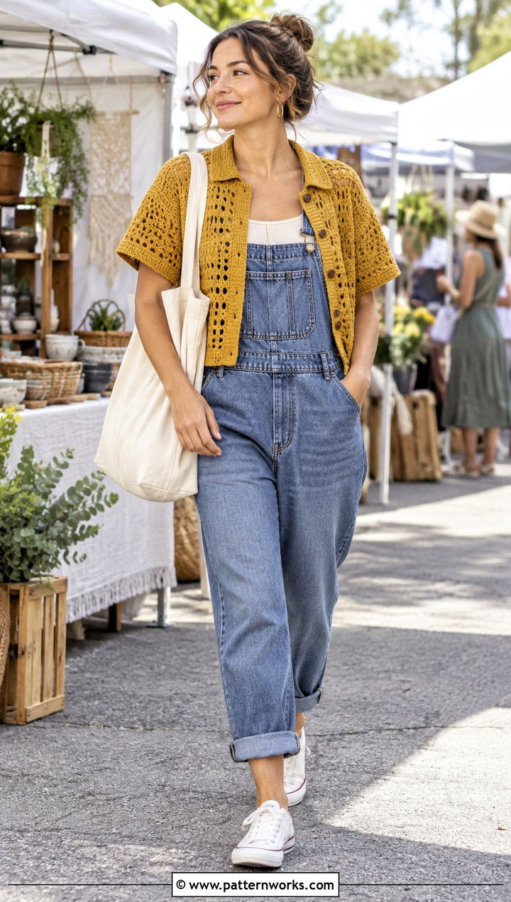 Boxy Crochet Short Sleeve Shirt With Overalls - 18 crochet short sleeve shirt outfit ideas