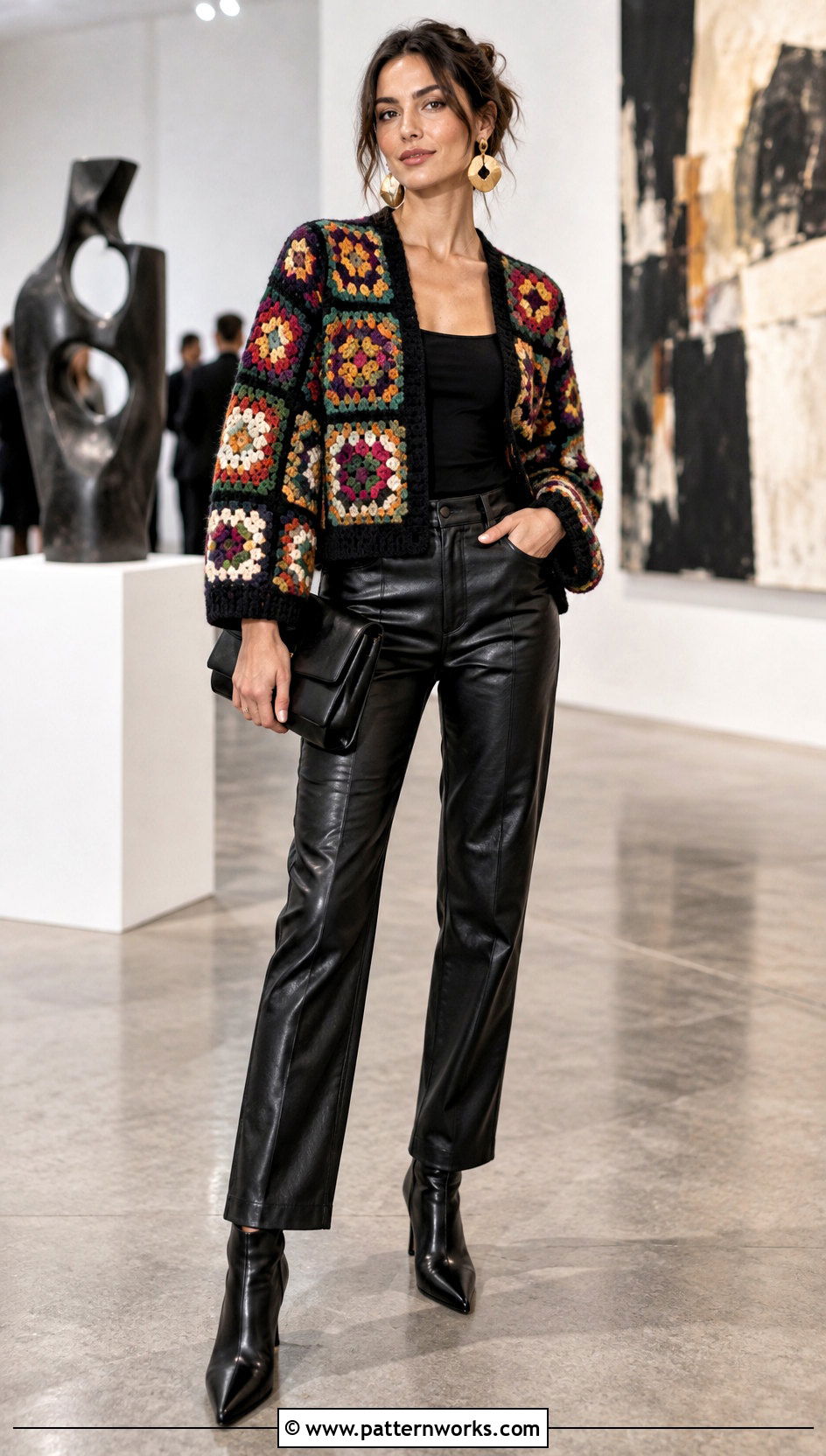 Boxy Granny Square Cardigan With Leather Pants - 18 Womens Granny Square Cardigan outfit ideas