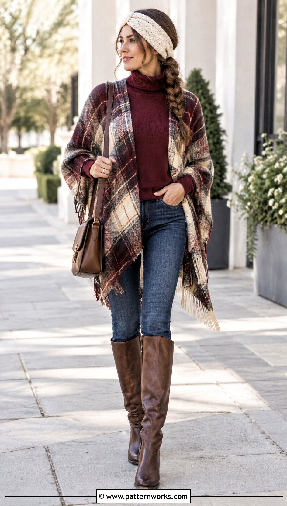 Braided Crochet Ear Warmer With Poncho And Boots - 30 Easy Crochet Ear Warmer outfit ideas