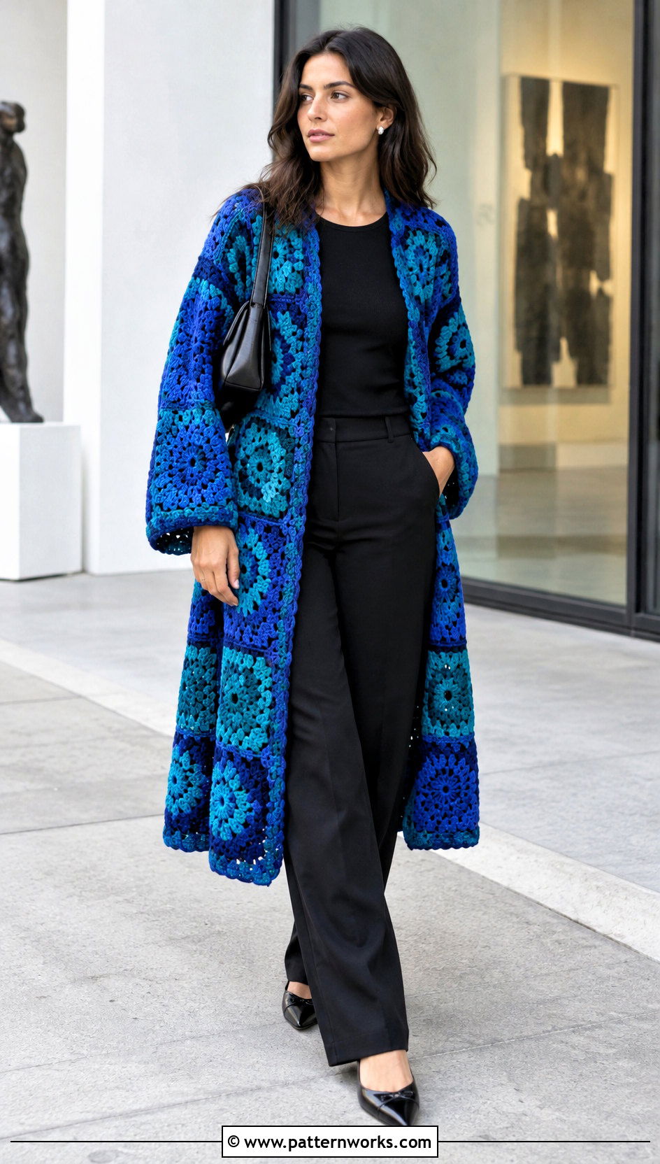 Bright Crochet Coat With An All Black Outfit - 24 crochet coat ideas