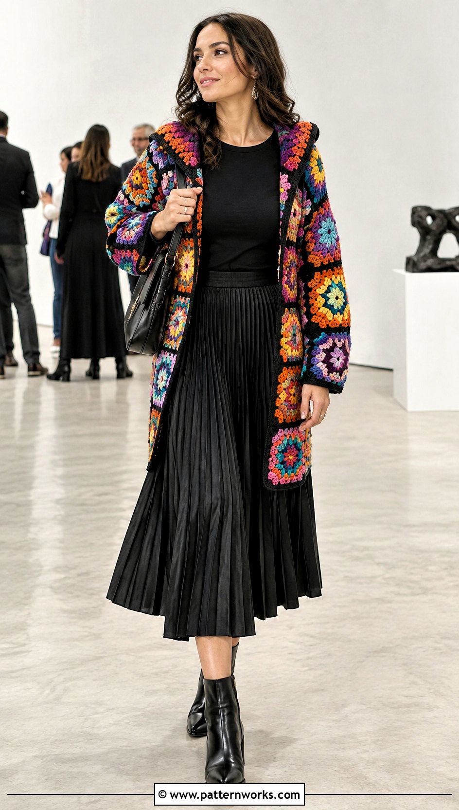 Bright Crochet Hexagon Cardigan With Hood And Black Midi Skirt - 24 Crochet Hexagon Cardigan With Hood outfit ideas