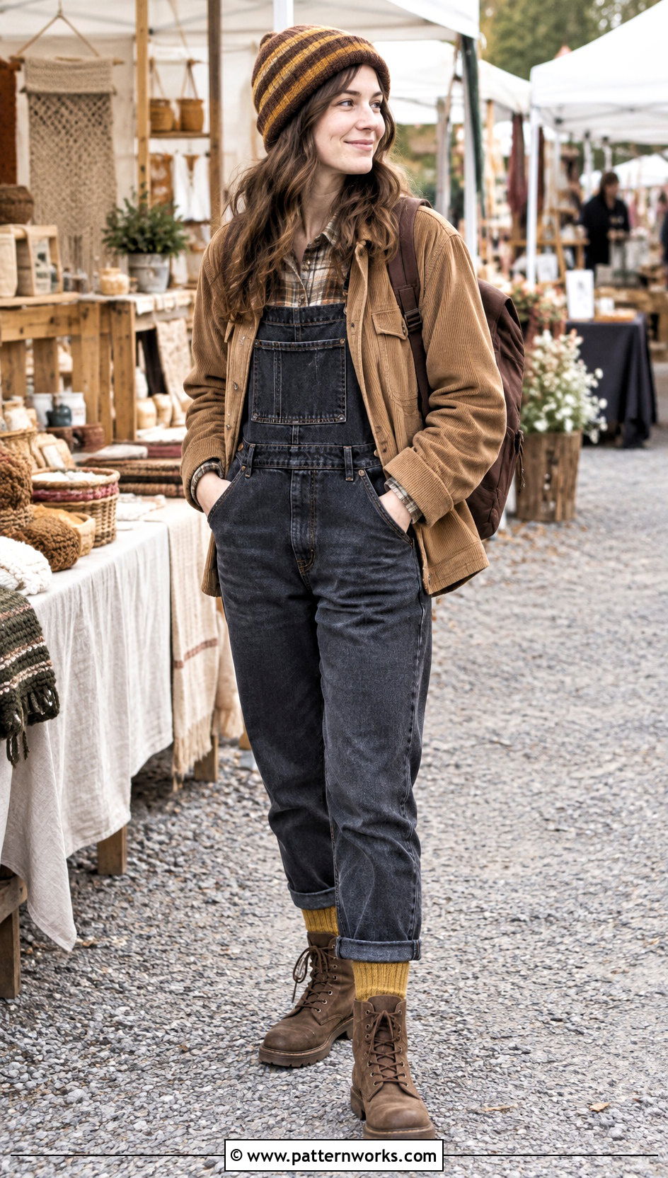 Brown And Mustard Crochet Striped Beanie With Overalls - 18 Crochet Striped Beanies outfit ideas