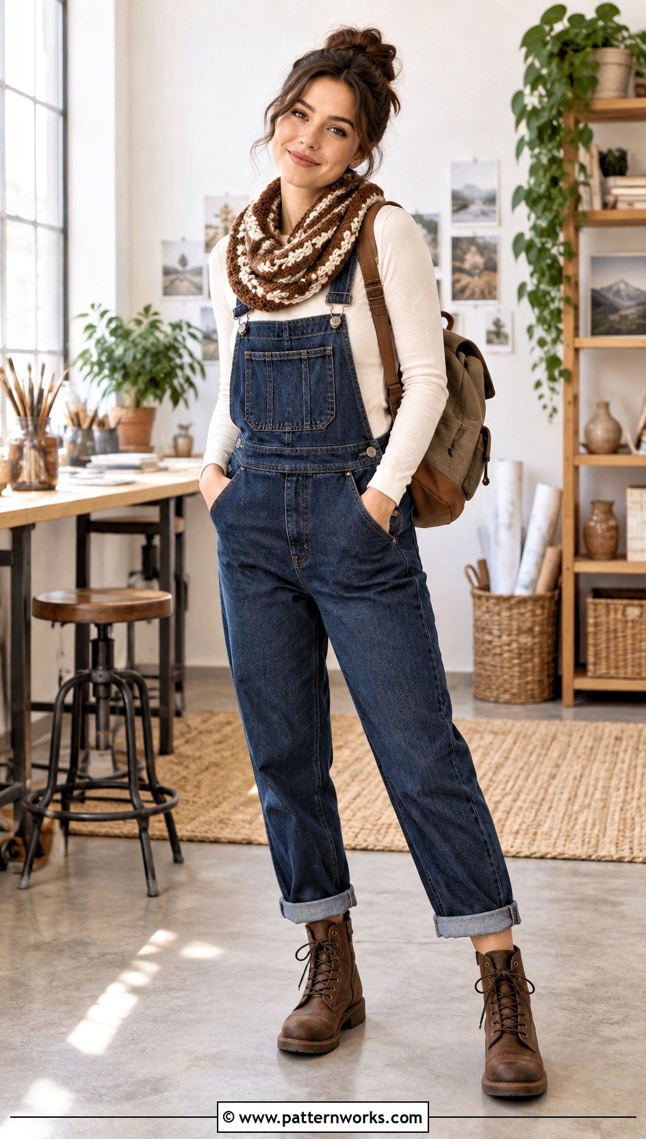 Brown And White Crochet Cowl With Overalls - 18 brown and white crochet cowl outfit ideas