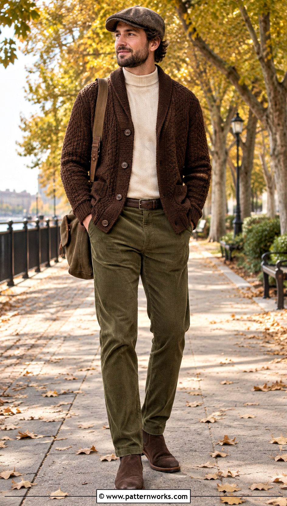 Brown Crochet Cardigan With Corduroy Pants - 30 crochet man cardigan outfit ideas