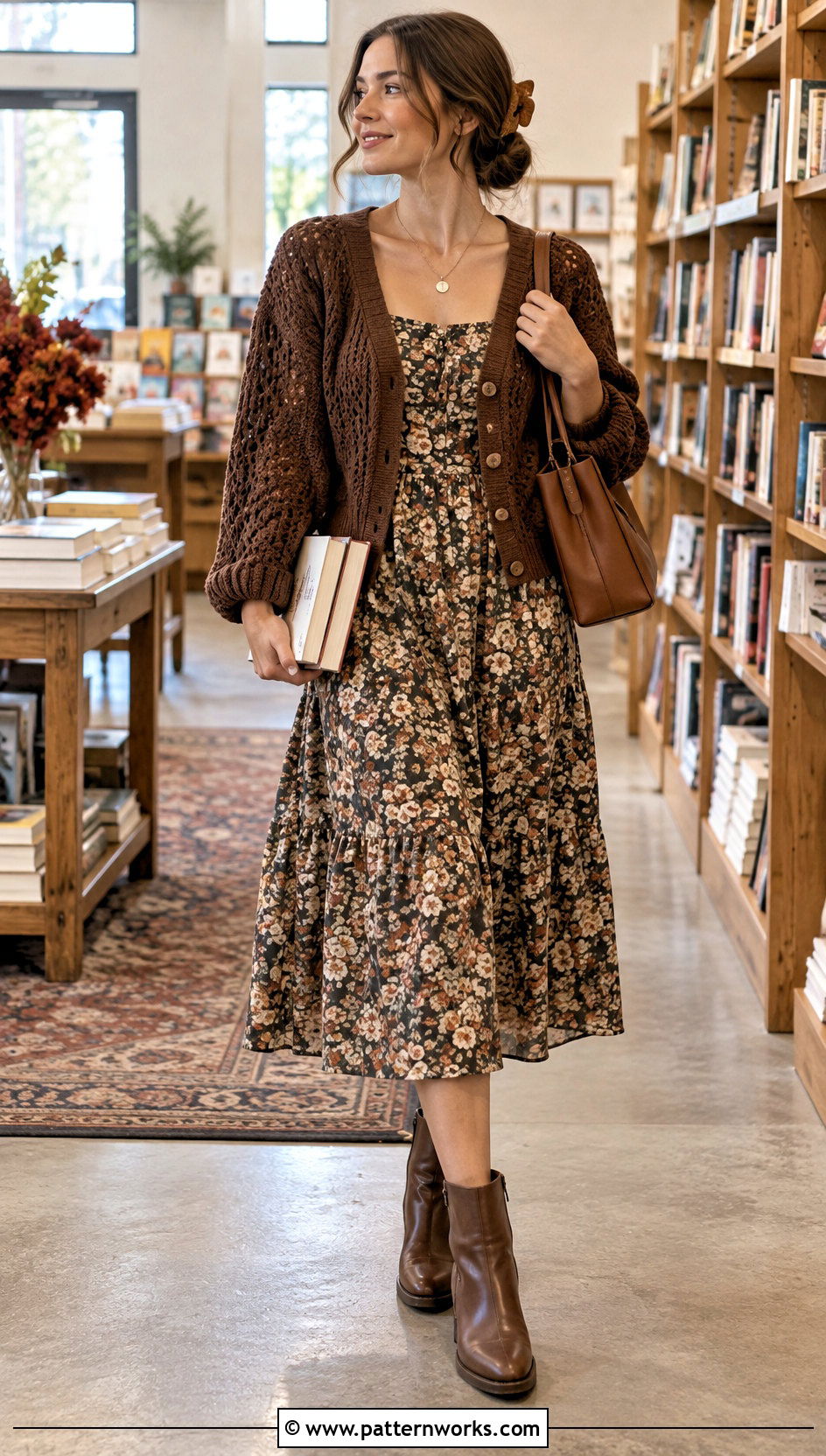 Brown Crochet Cardigan With Printed Midi Dress - 18 crazy classic crochet cardigan outfit ideas