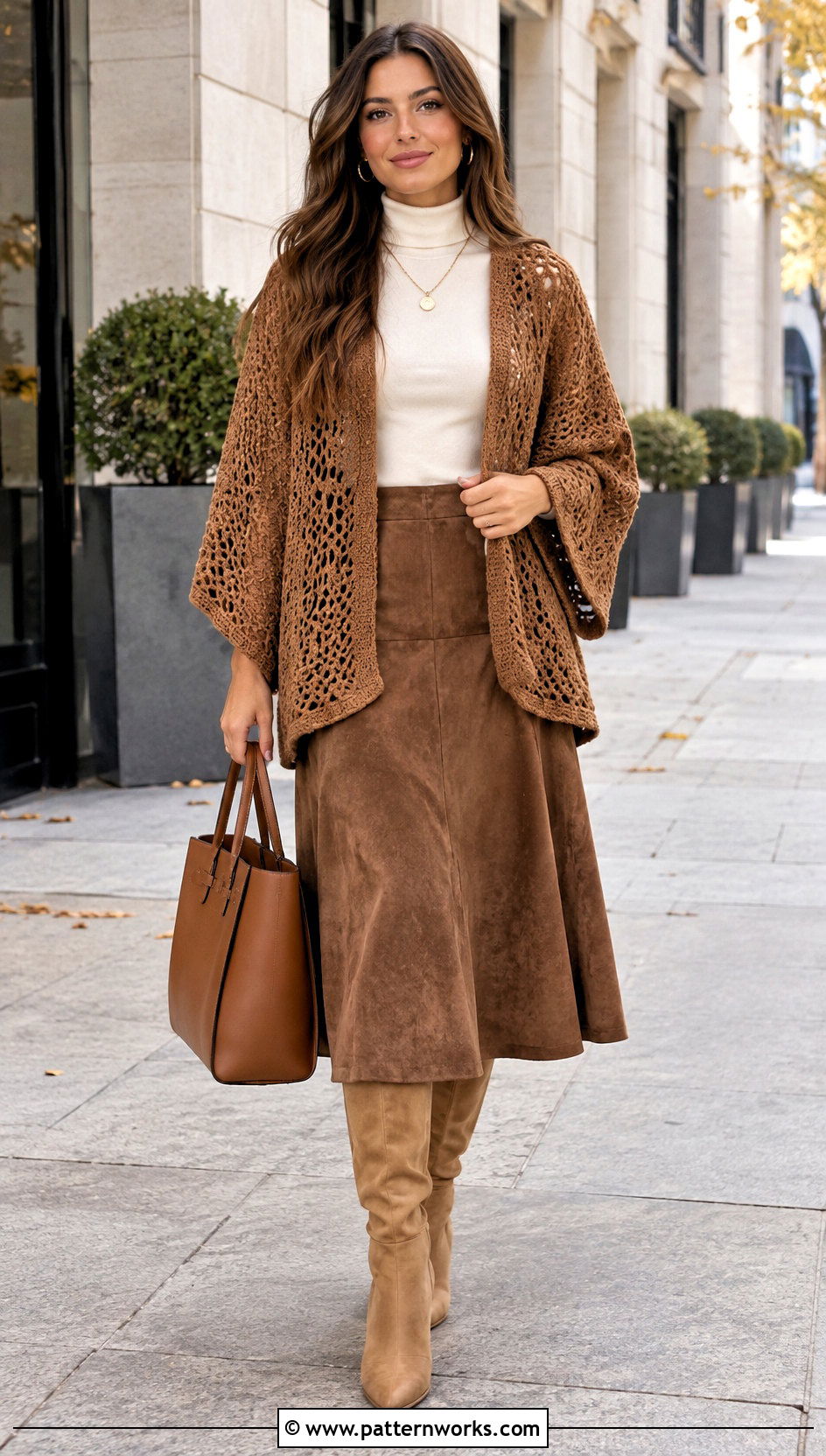 Brown Crochet Kimono With Turtleneck And Suede Skirt - 24 Boho Crochet Kimono outfit ideas