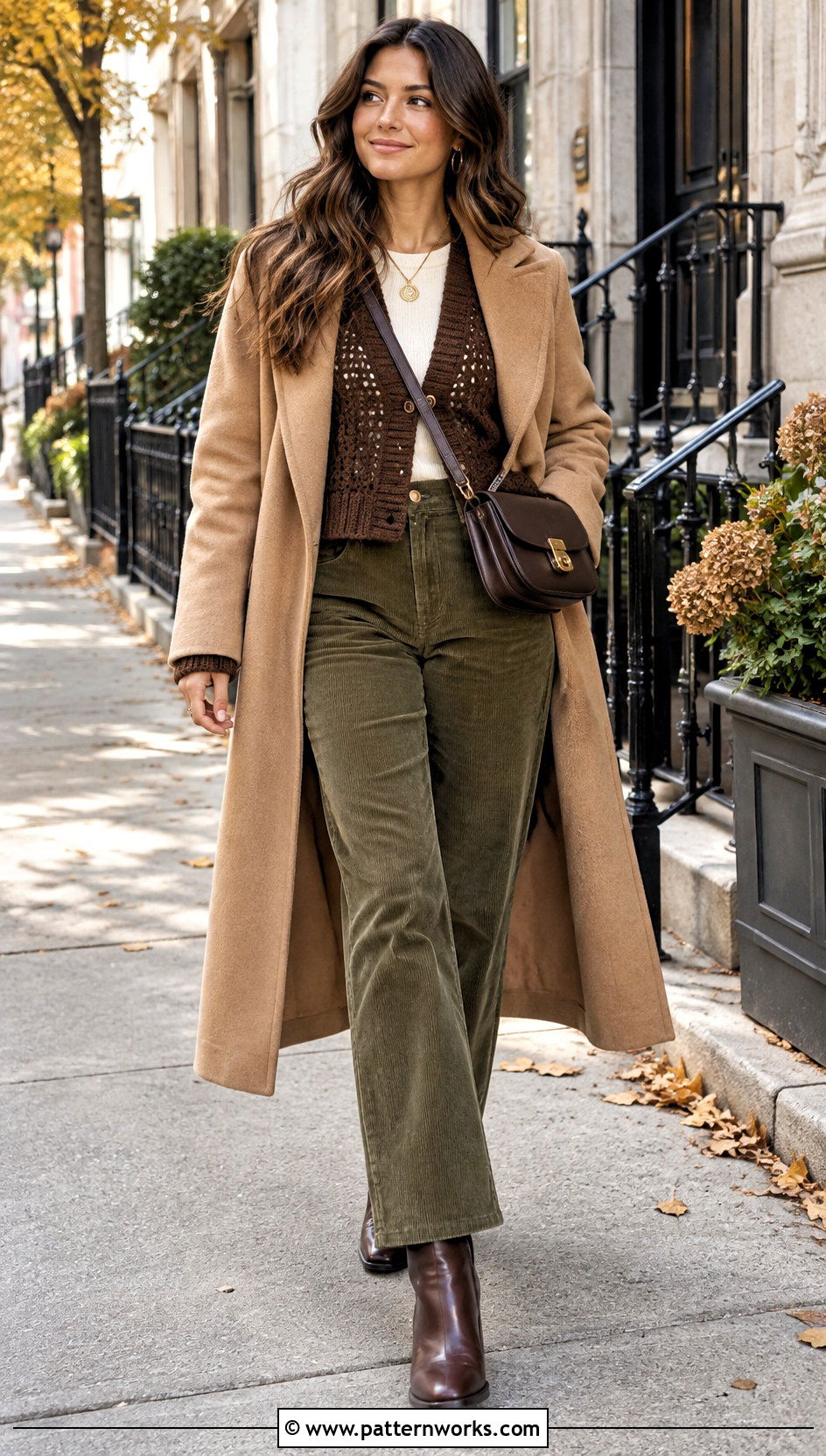 Brown Crochet Sweater Outfit With Corduroy Pants - 24 Woman Crochet Sweater outfit ideas