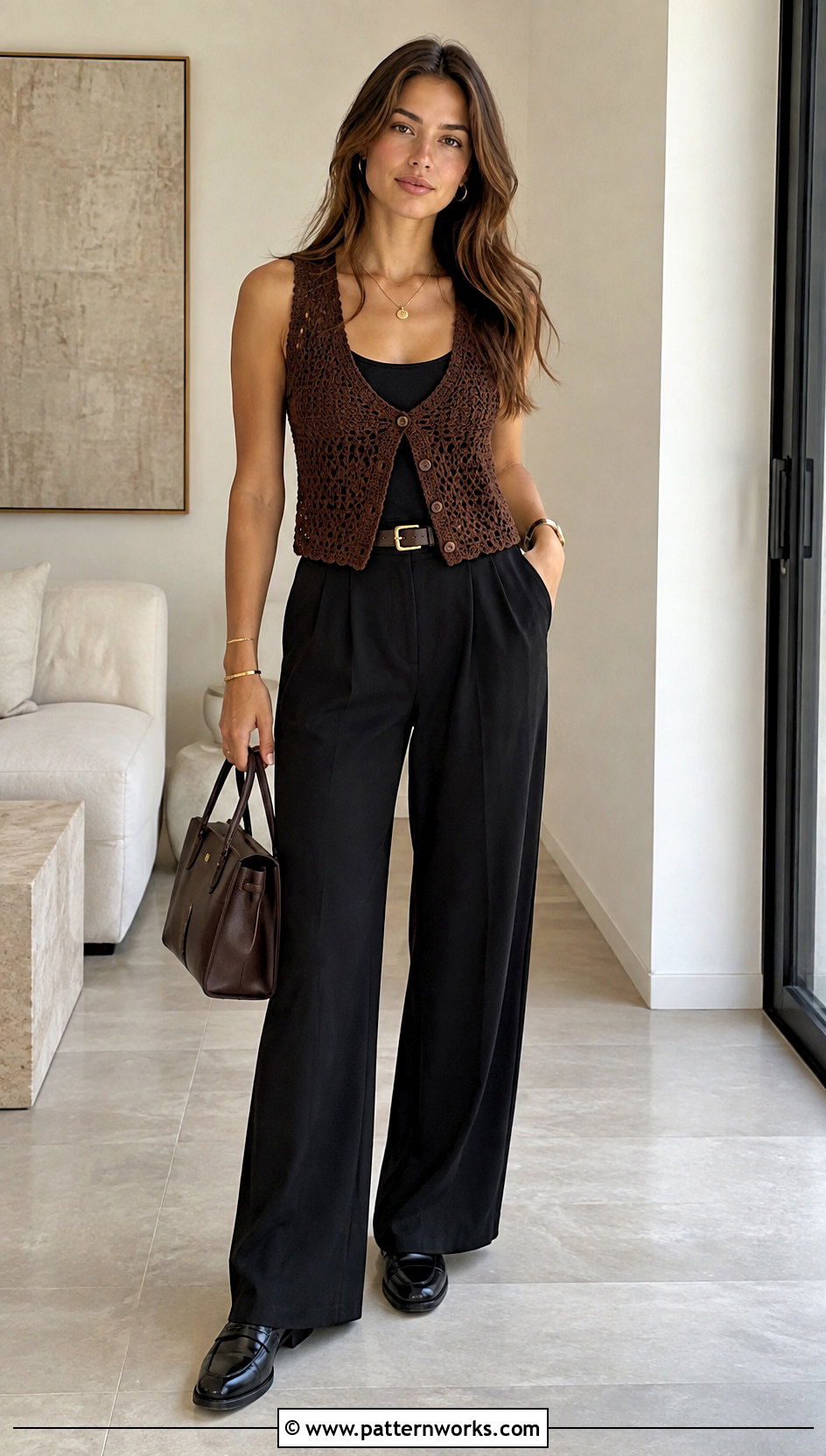 Brown Crochet Vest With Black Pants - 30 crochet vest ideas