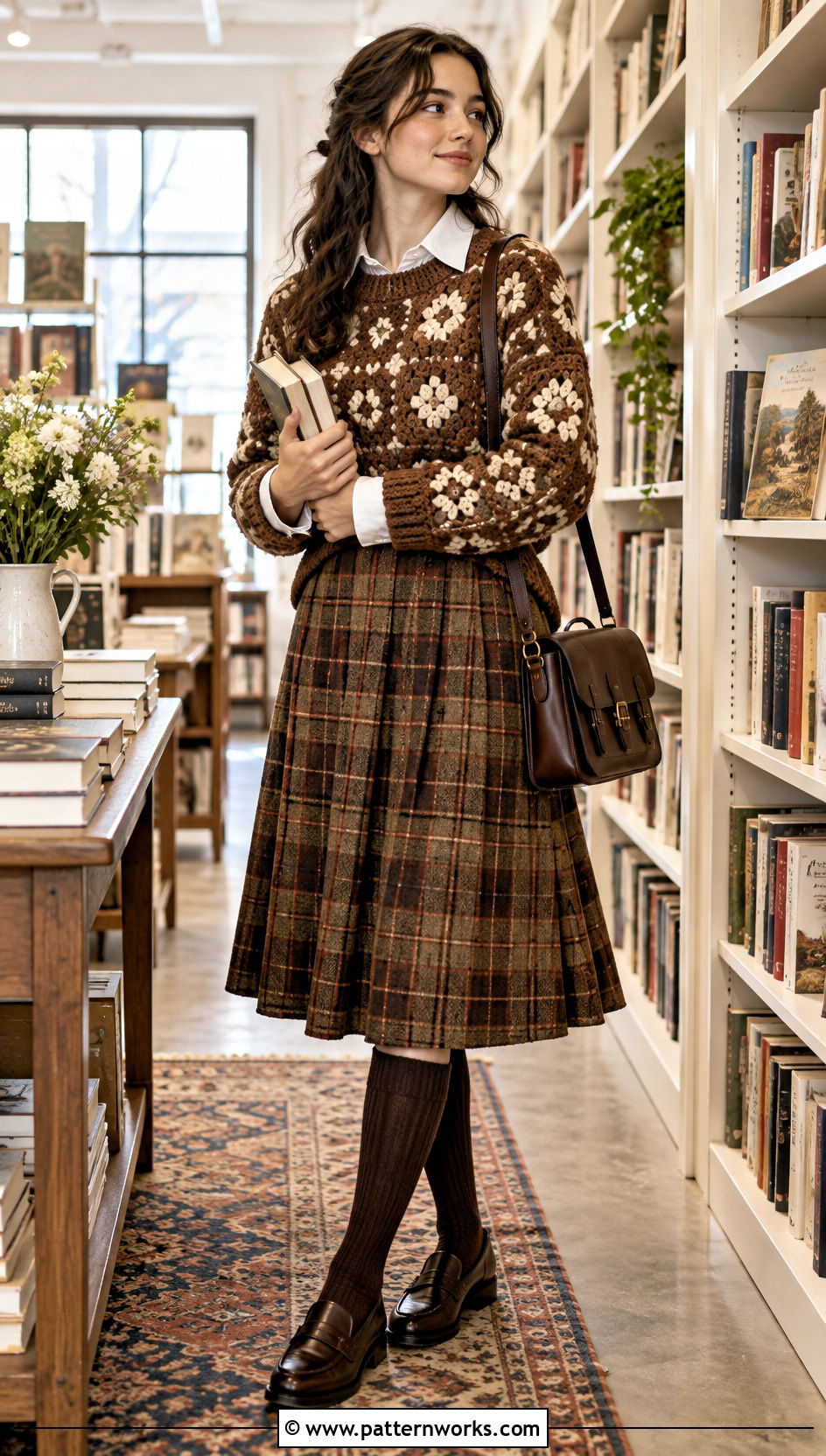 Brown Grandpa Crochet Sweater With Plaid Midi Skirt - 18 Grandpa Crochet Sweater outfit ideas