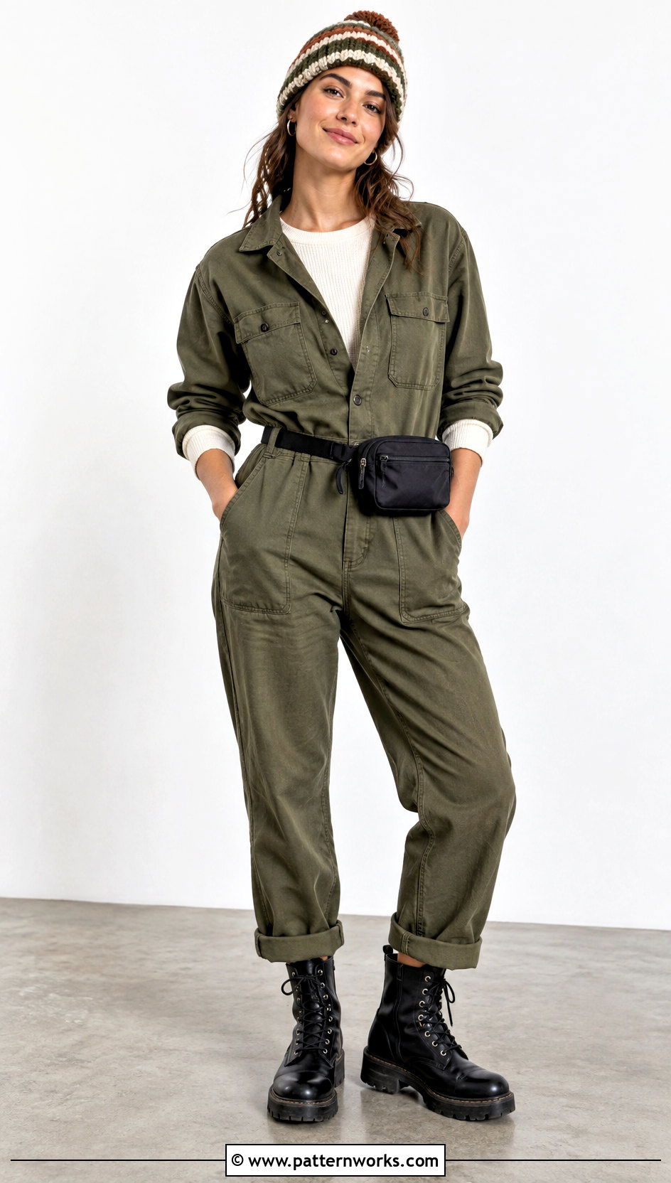Bulky Crochet Beanie With Utility Jumpsuit And Boots - 24 bulky crochet beanie outfit ideas