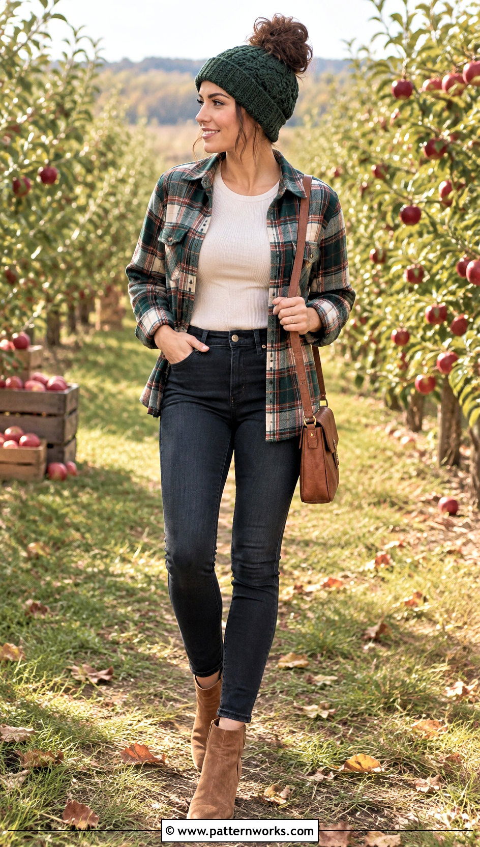 Bulky Yarn Crochet Messy Bun Hat With Flannel Shirt - 30 bulky 5 yarn crochet hat outfit ideas