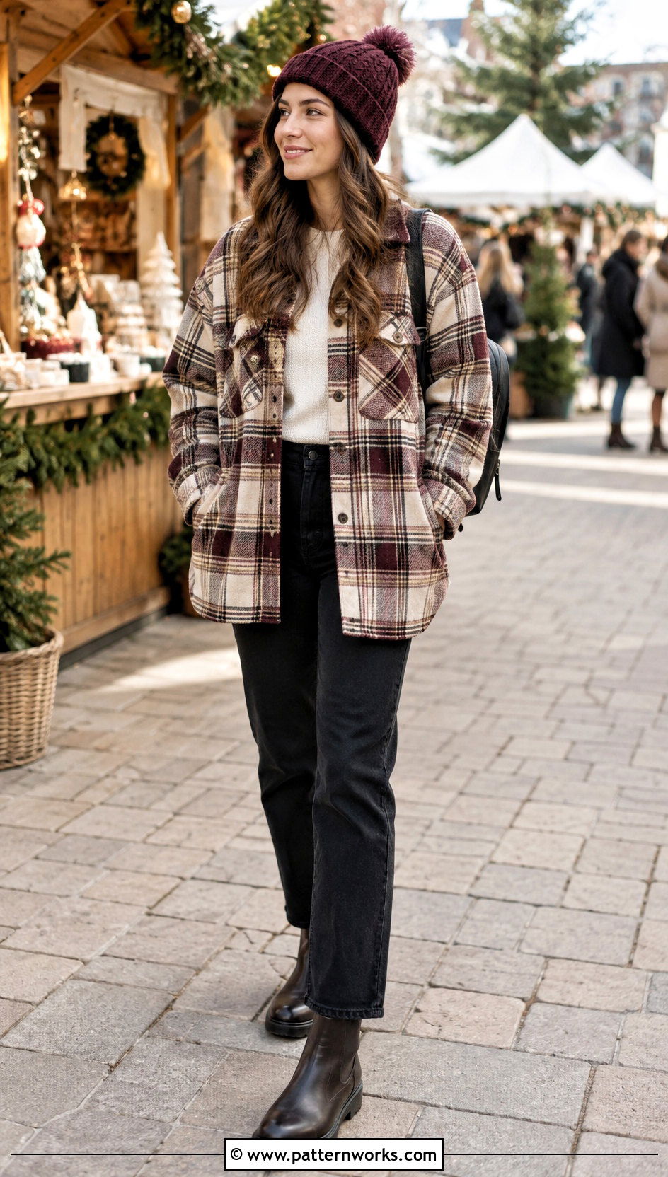 Burgundy Crochet Cable Twist Hat With Plaid Shacket - 18 Crochet Cable Twist Hat outfit ideas