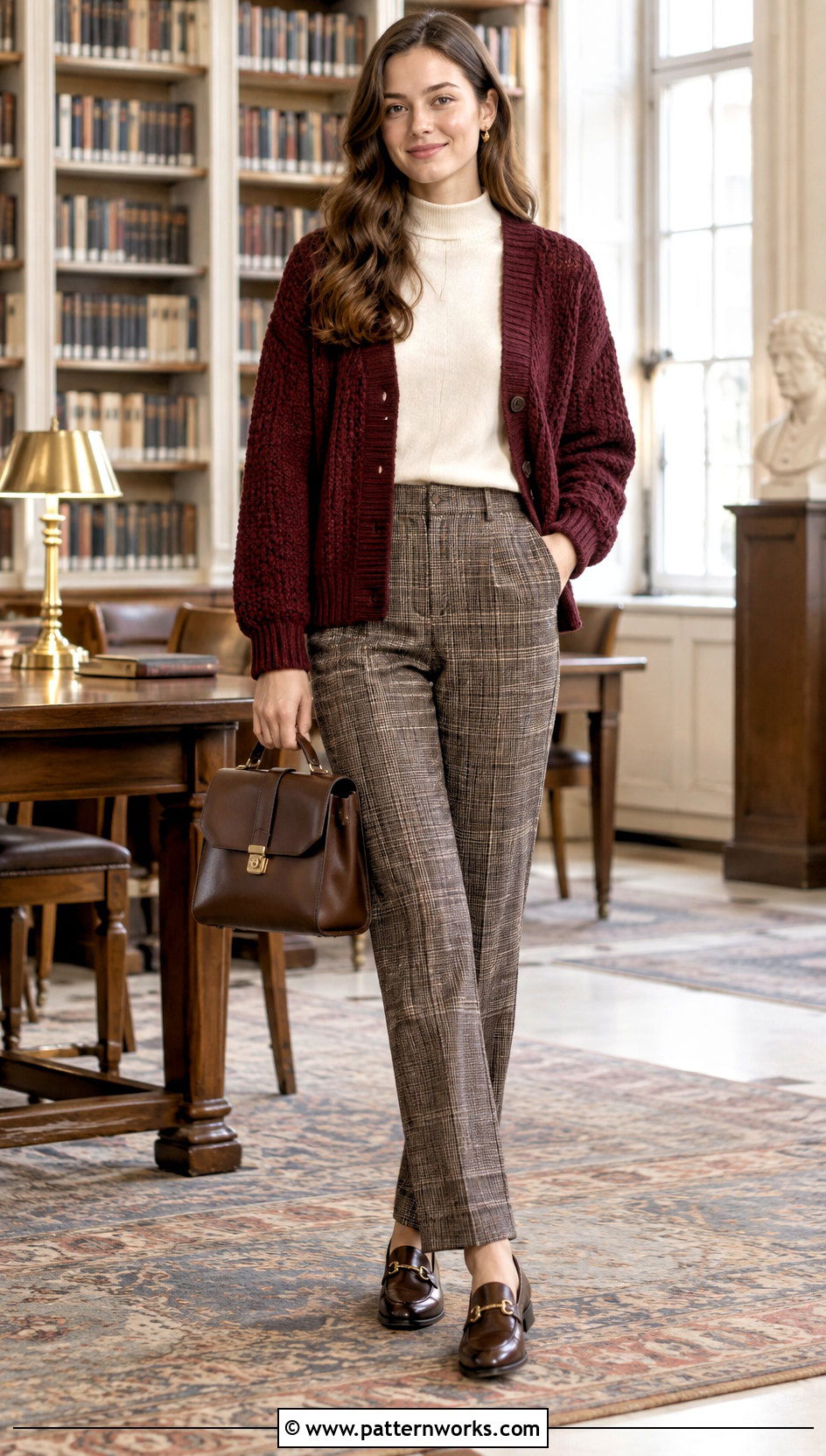 Burgundy Crochet Chenille Cardigan Outfit With Plaid Pants - 30 crochet chenille cardigan outfit ideas