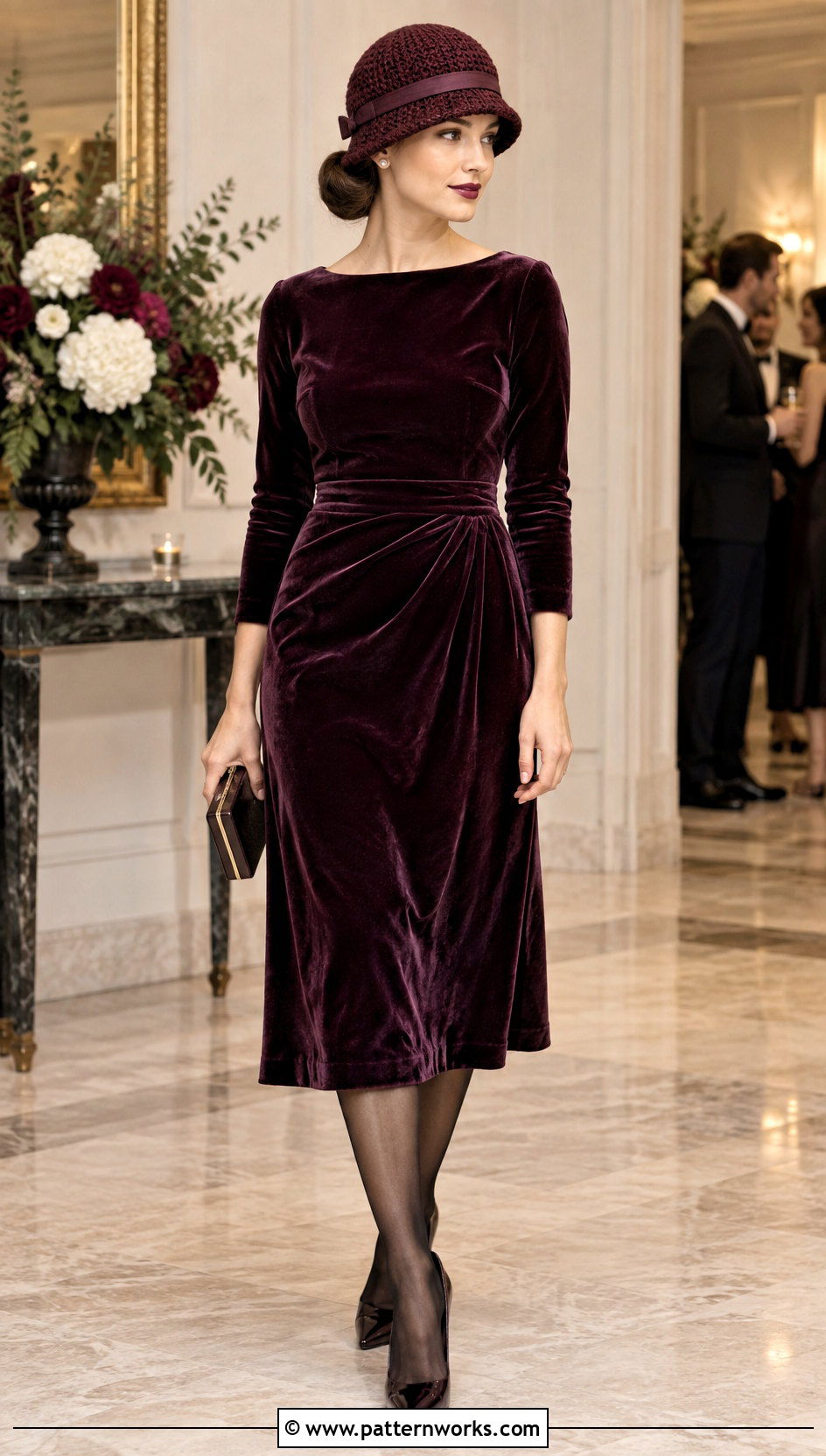 Burgundy Crochet Cloche Hat Outfit With Velvet Dress - 24 flapper style crochet cloche hat outfit ideas