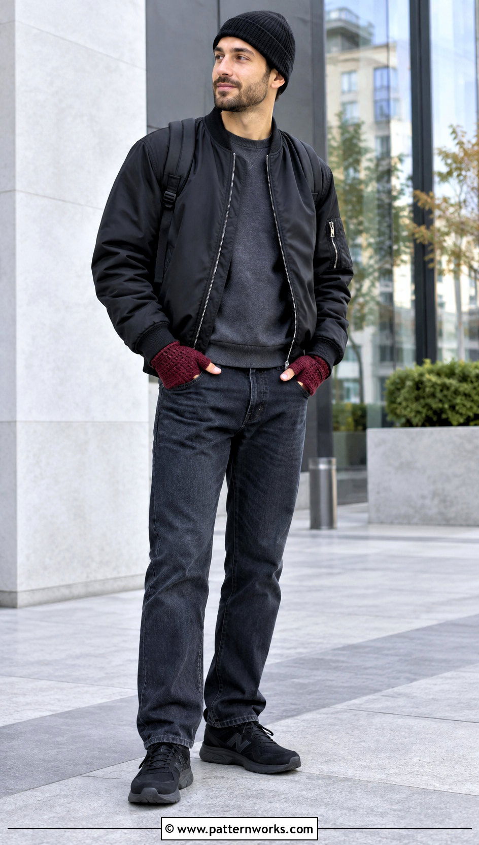 Burgundy Crochet Fingerless Gloves With Bomber Jacket - 24 Crochet Mens Fingerless Gloves outfit ideas