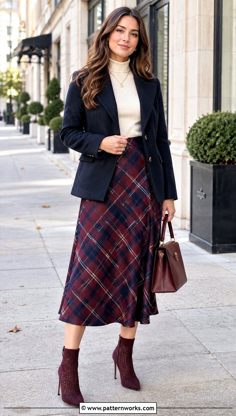 Burgundy Crochet High Heel Boots With A Plaid Midi Skirt - 18 Crochet High Heel Boots outfit ideas