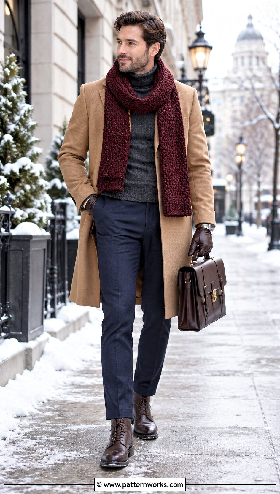 Burgundy Crochet Scarf Outfit With Camel Coat - 18 Mens Winter Crochet Scarf outfit ideas