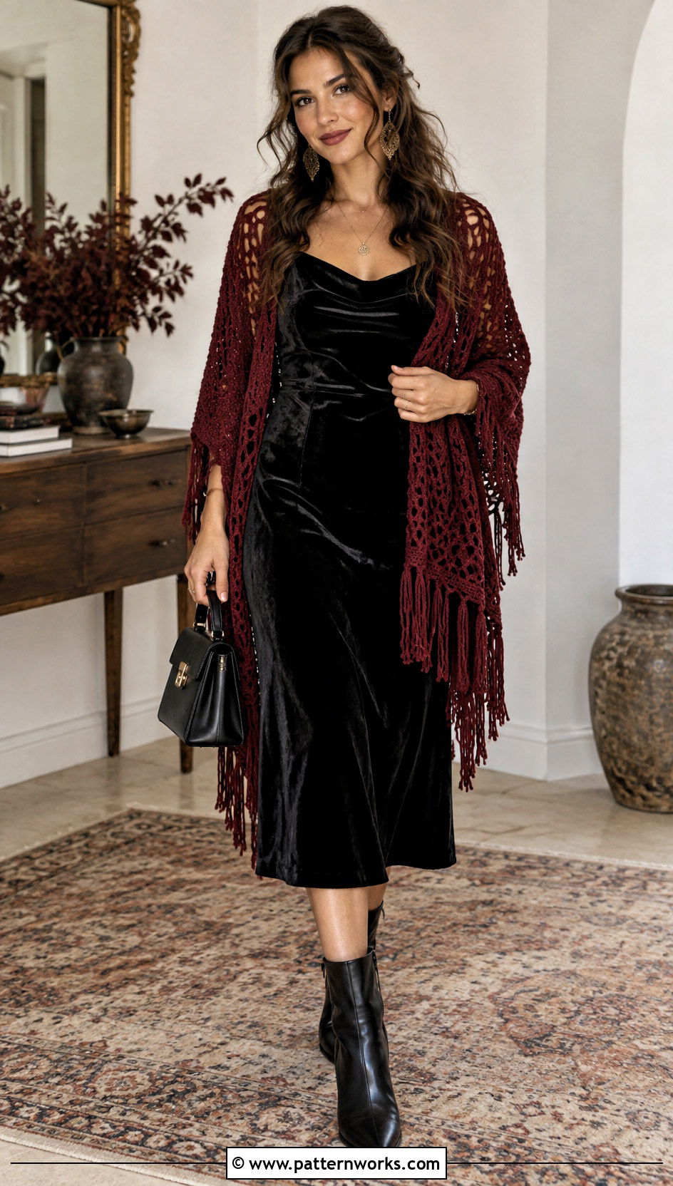 Burgundy Crochet Shawl Outfit With Velvet Dress - 24 Stevie Nicks Crochet Shawl outfit ideas