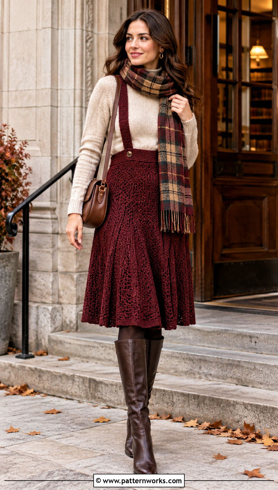 Burgundy Crochet Suspender Skirt With Sweater - 24 crochet skirt with suspenders outfit ideas