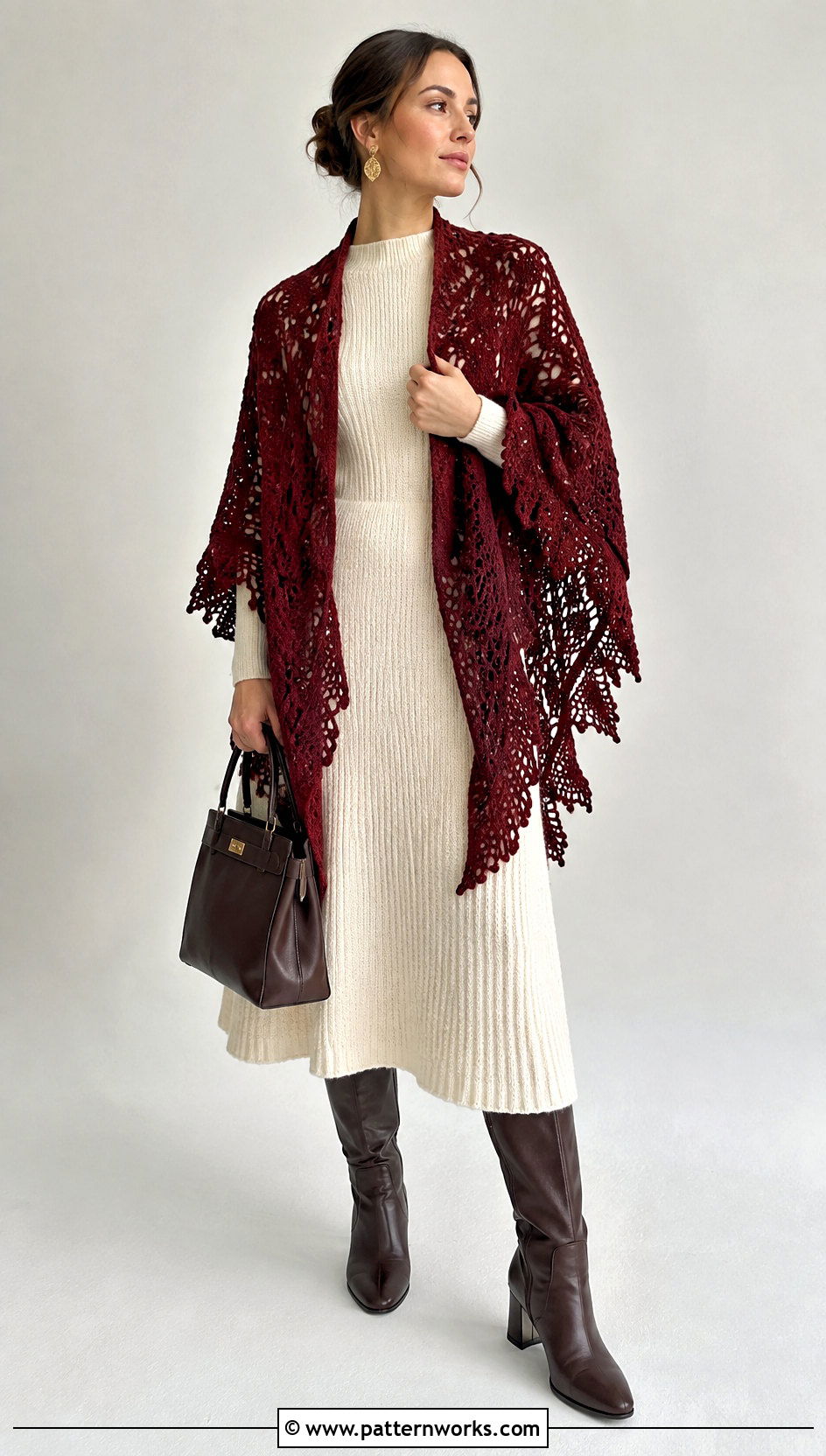 Burgundy Crochet Wing Shawl With Cream Knit Dress - 24 Crochet Wing Shawl outfit ideas