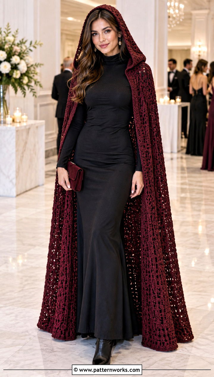 Burgundy Long Hooded Crochet Cape With Maxi Dress - 24 Long Hooded Crochet Cape outfit ideas