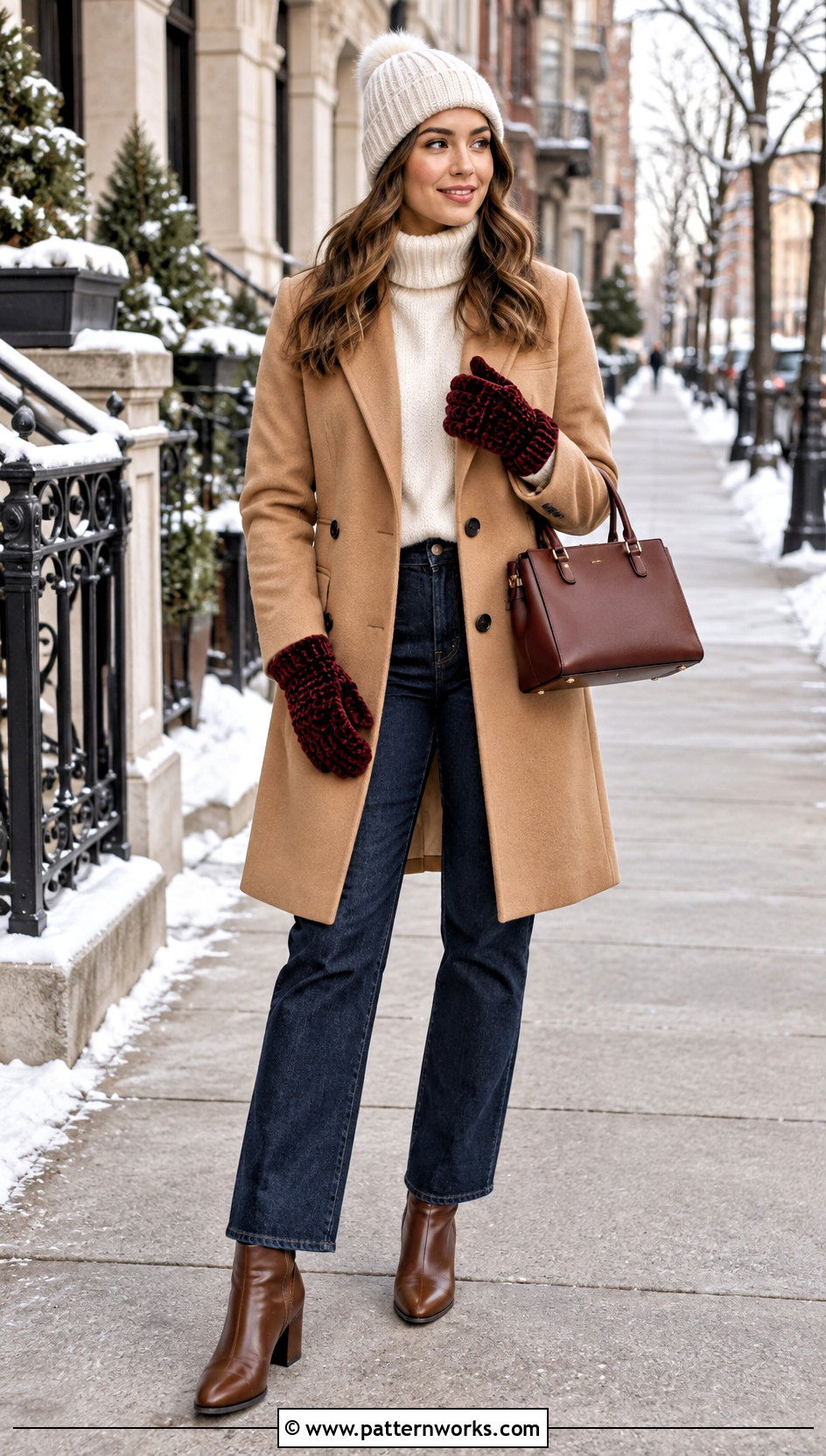 Burgundy Velvet Crochet Mittens With Camel Coat - 18 velvet crochet mittens outfit ideas