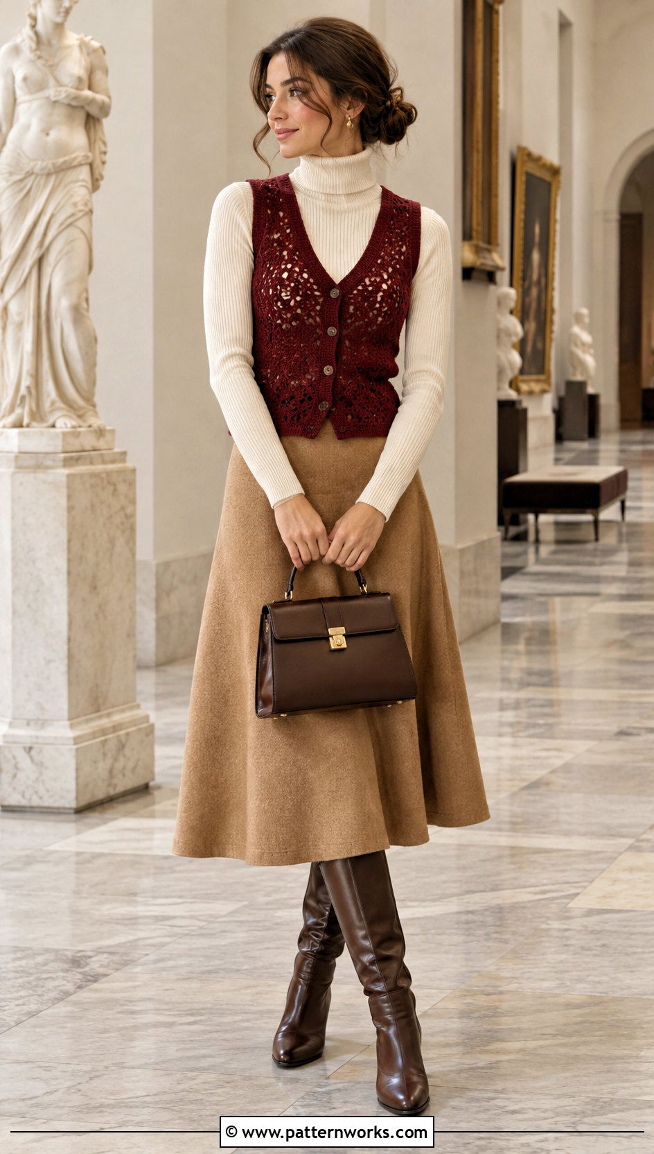 Burgundy Vintage Crochet Vest Outfit With Wool Midi Skirt - 24 Vintage Crochet Vest outfit ideas