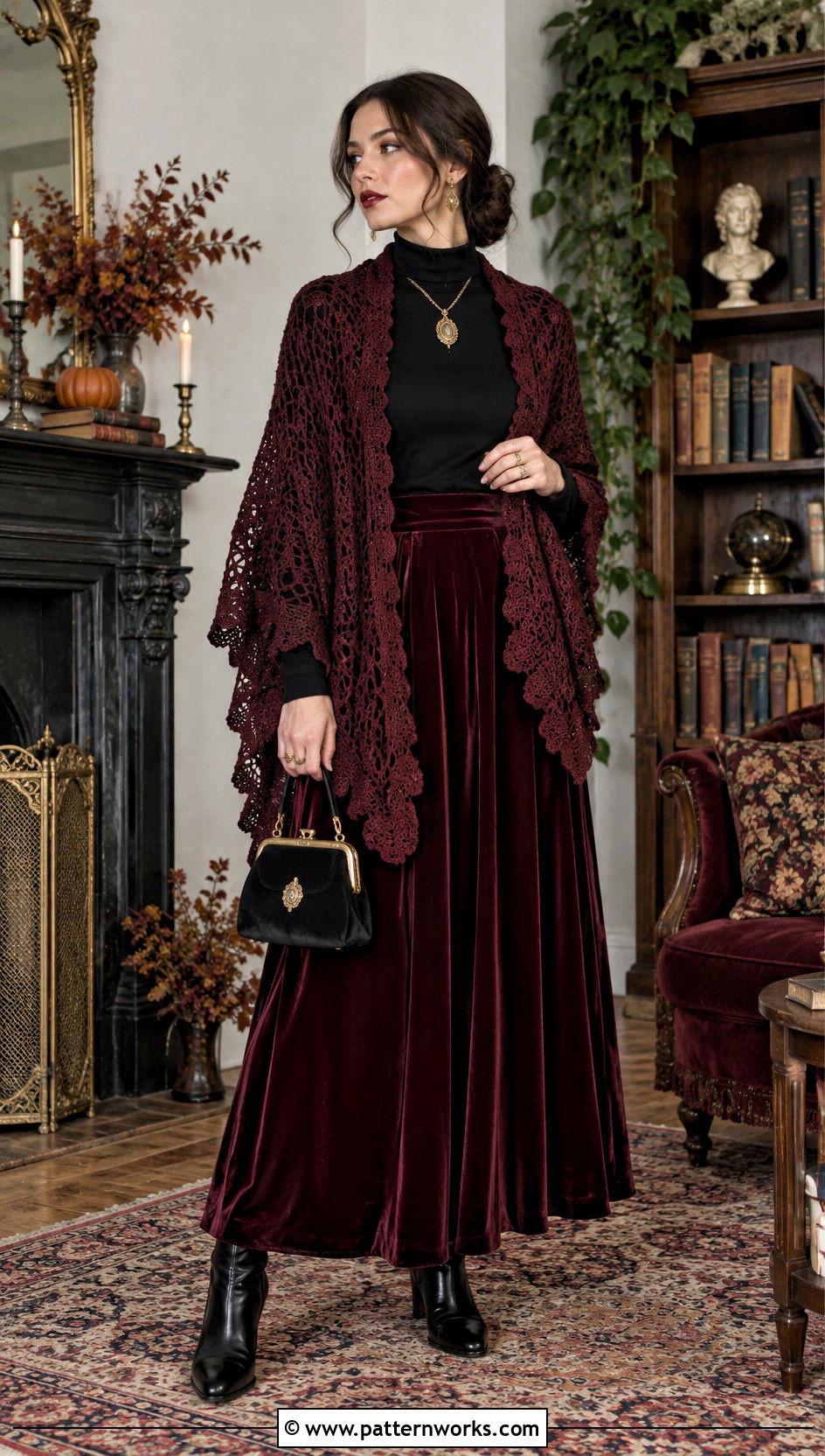 Burgundy Witchy Crochet Shawl Outfit With Velvet Skirt - 24 Witchy Crochet Shawl outfit ideas