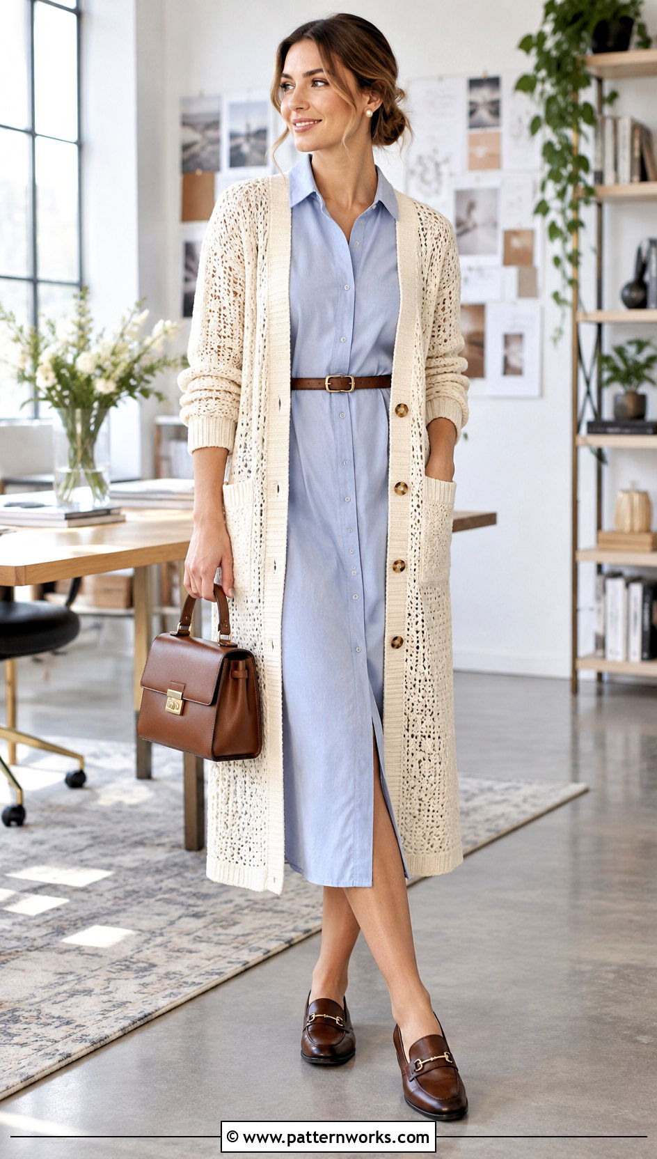 Button Front Crochet Duster Cardigan With Shirt Dress - 30 crochet duster cardigan outfit ideas
