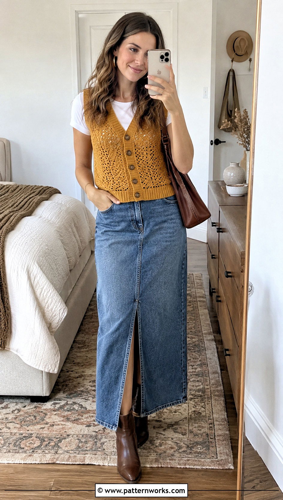 Button Front Crochet Sweater Vest With Tee And Denim Maxi Skirt - 18 Handmade Crochet Sweater Vest outfit ideas