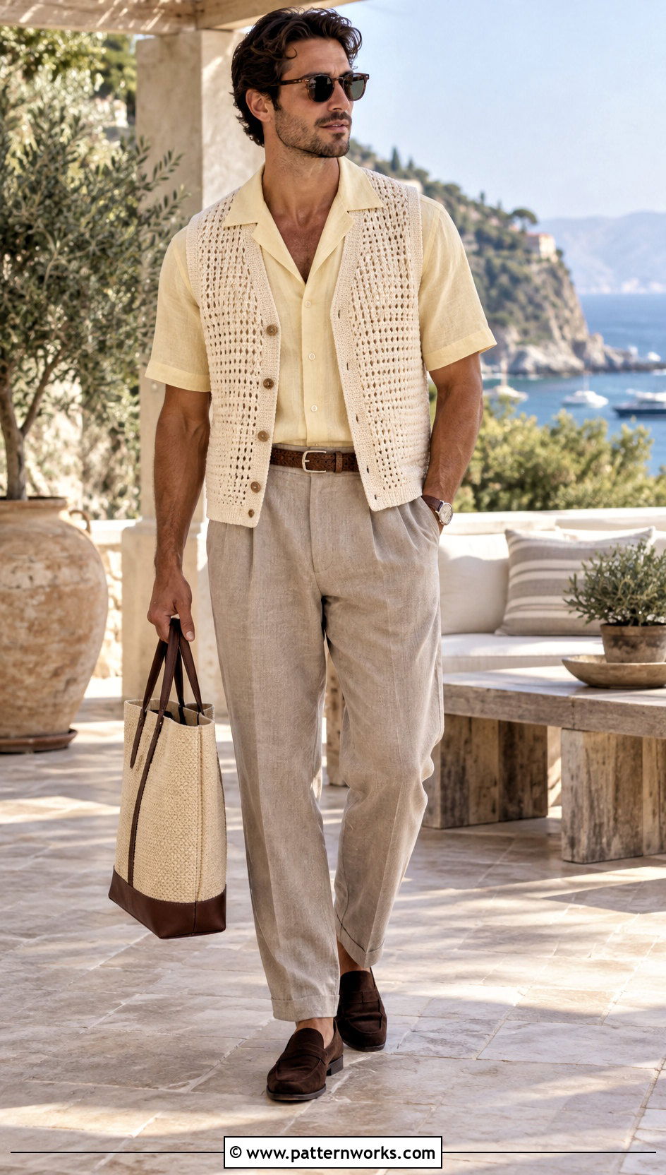 Button Front Crochet Vest With Camp Collar Shirt And Trousers - 30 crochet vest for men outfit ideas