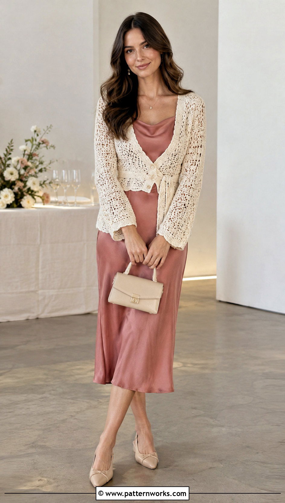 Buttoned Crochet Wrap With A Slip Dress - 18 Buttoned Crochet Wrap outfit ideas