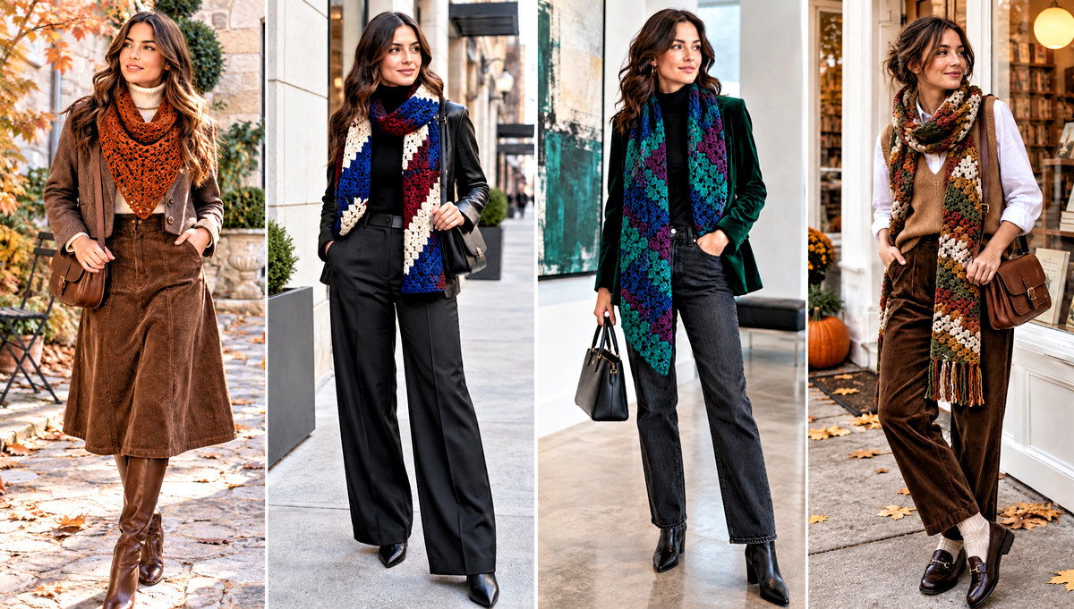30 C2C Crochet Scarf Outfit Ideas for Colorful Layers
